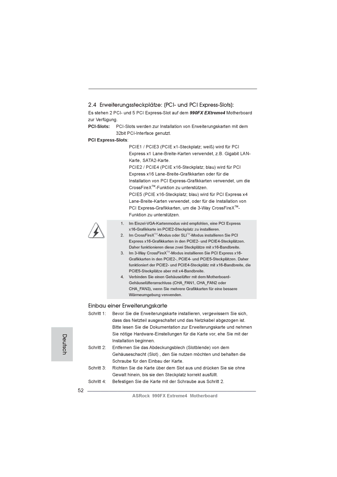 ASRock 990FX Extreme4 manual Deutsch Erweiterungssteckplätze PCI- und PCI Express-Slots, Einbau einer Erweiterungskarte 