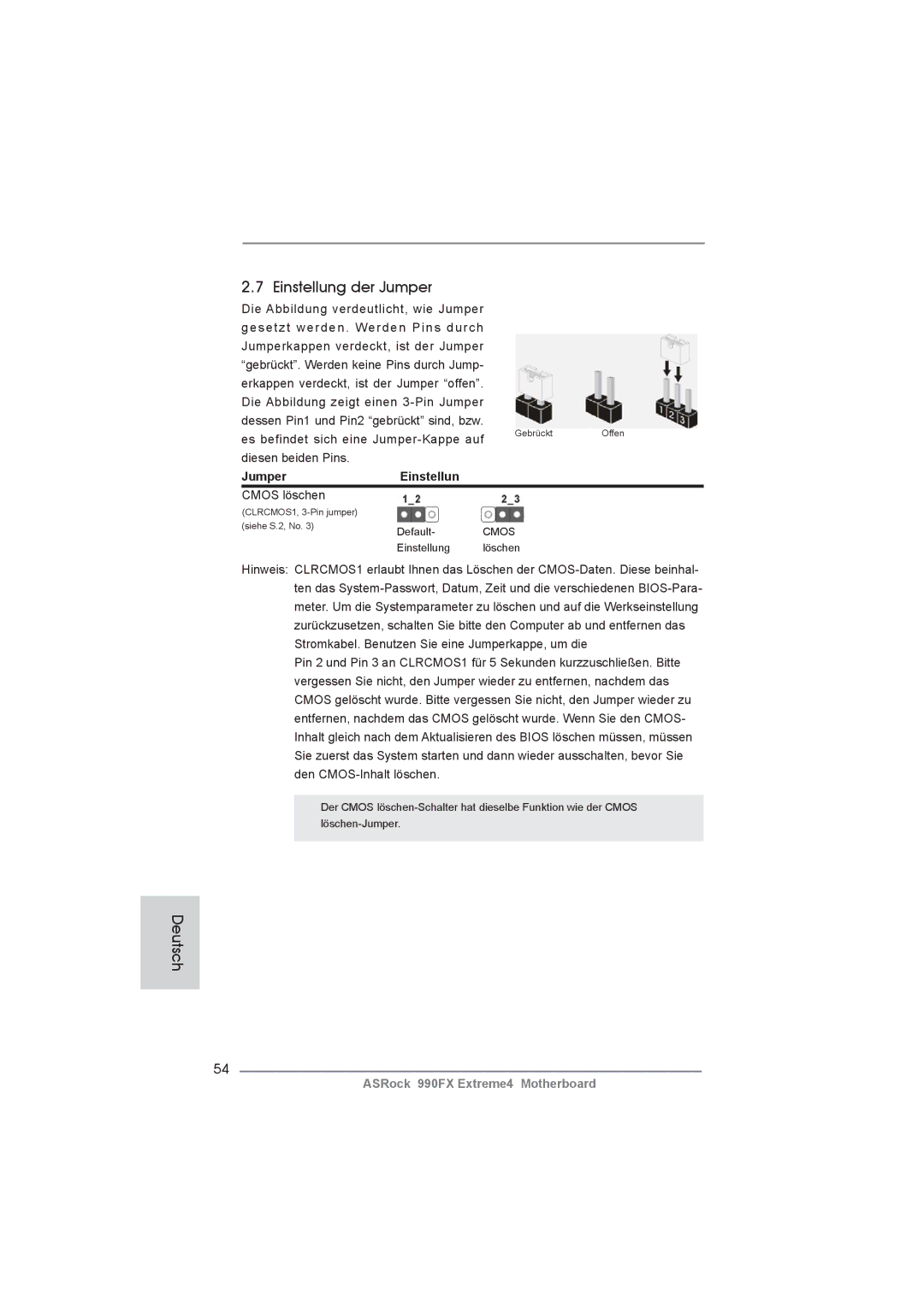 ASRock 990FX Extreme4 manual Einstellung der Jumper, JumperEinstellun, Cmos löschen 