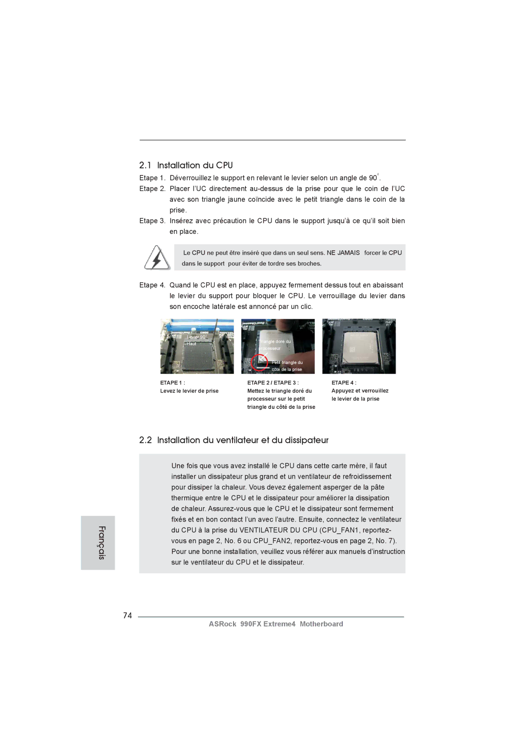 ASRock 990FX Extreme4 manual Français Installation du CPU, Installation du ventilateur et du dissipateur 