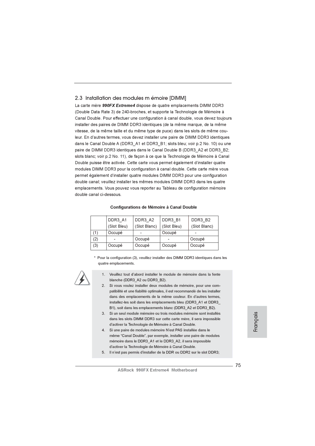 ASRock 990FX Extreme4 manual Installation des modules m émoire Dimm, Conﬁgurations de Mémoire à Canal Double 