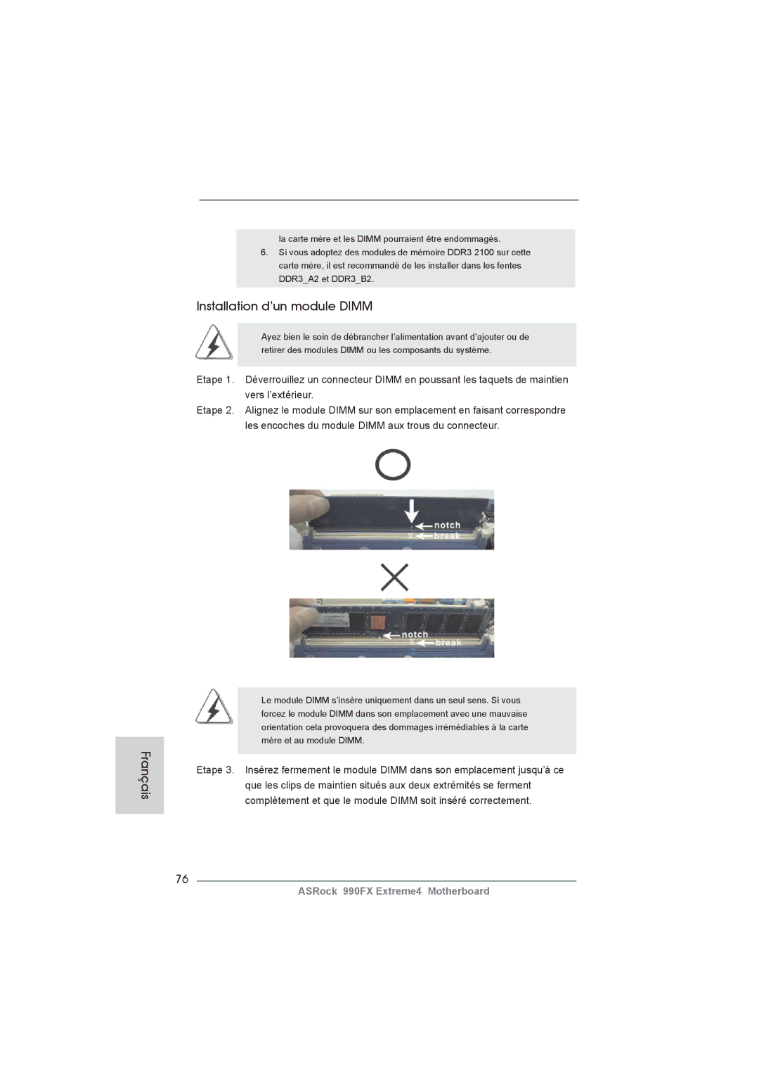 ASRock 990FX Extreme4 manual Installation d’un module Dimm 