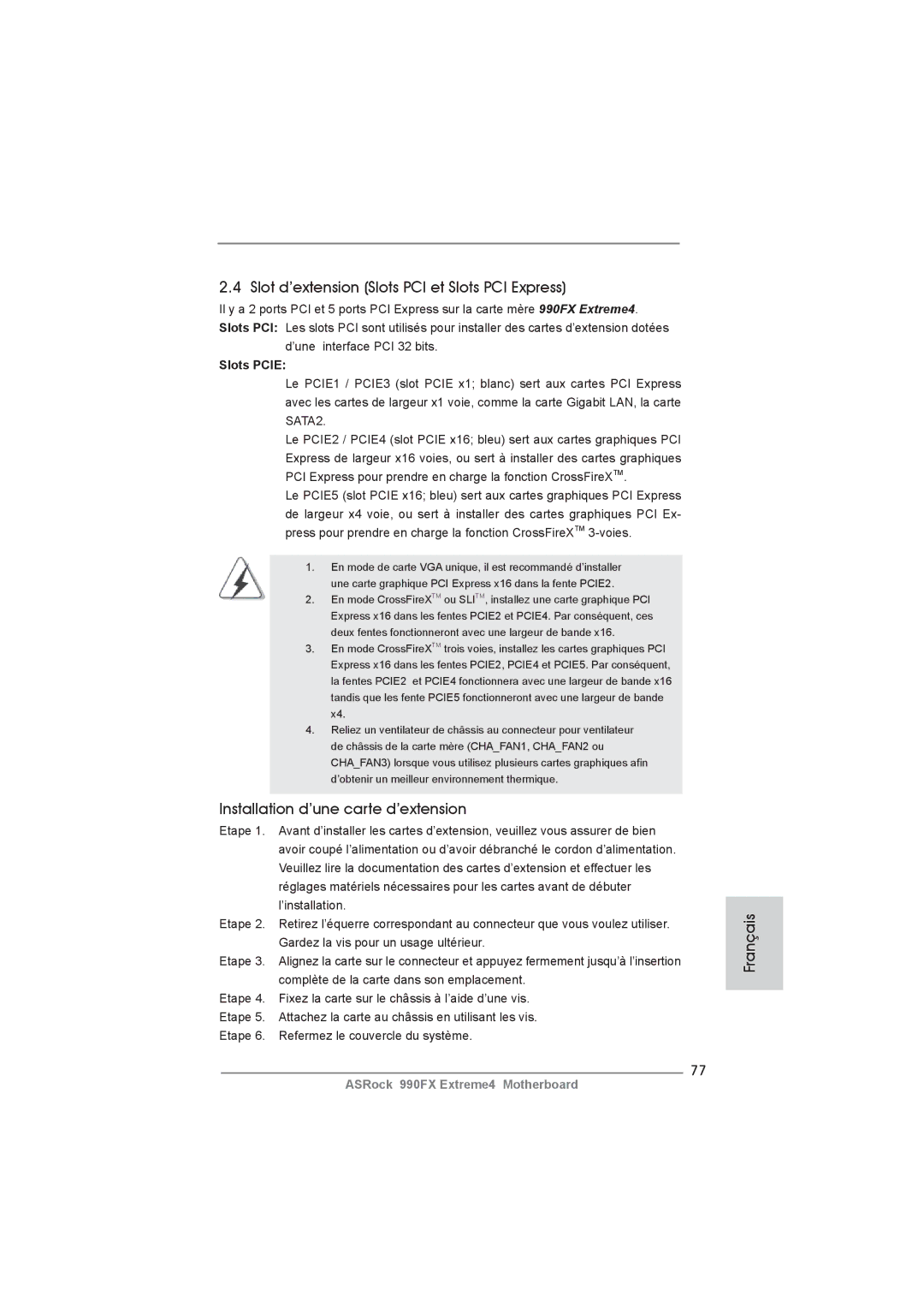 ASRock 990FX Extreme4 Slot d’extension Slots PCI et Slots PCI Express, Installation d’une carte d’extension, Slots Pcie 