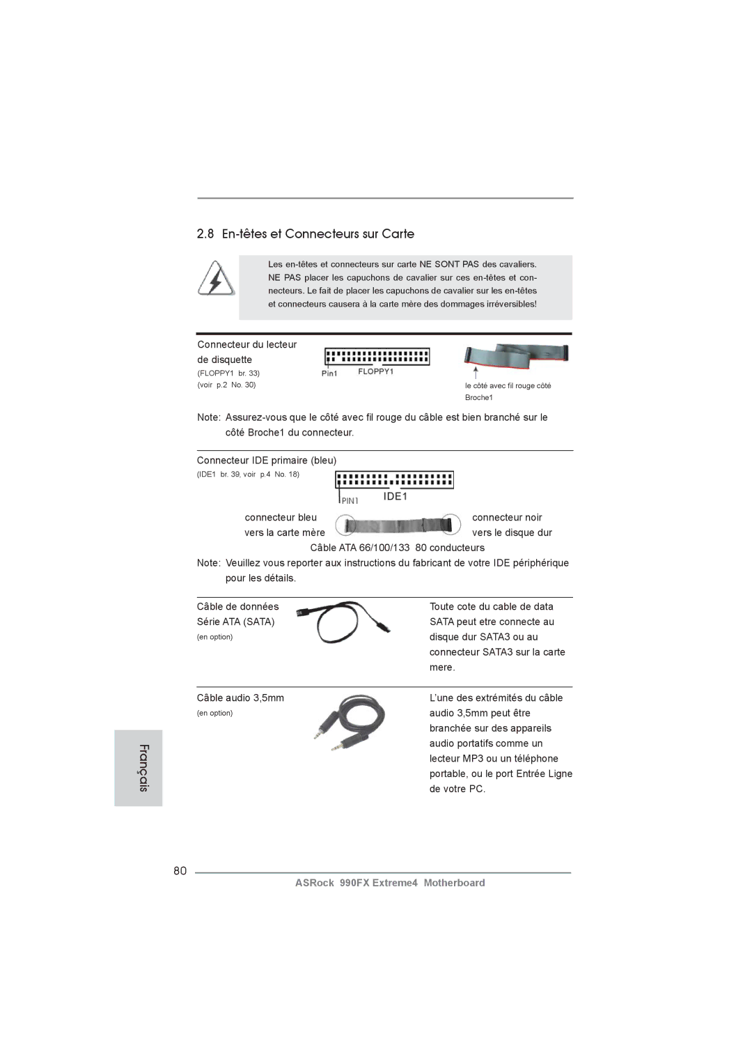 ASRock 990FX Extreme4 manual Français En-têtes et Connecteurs sur Carte 