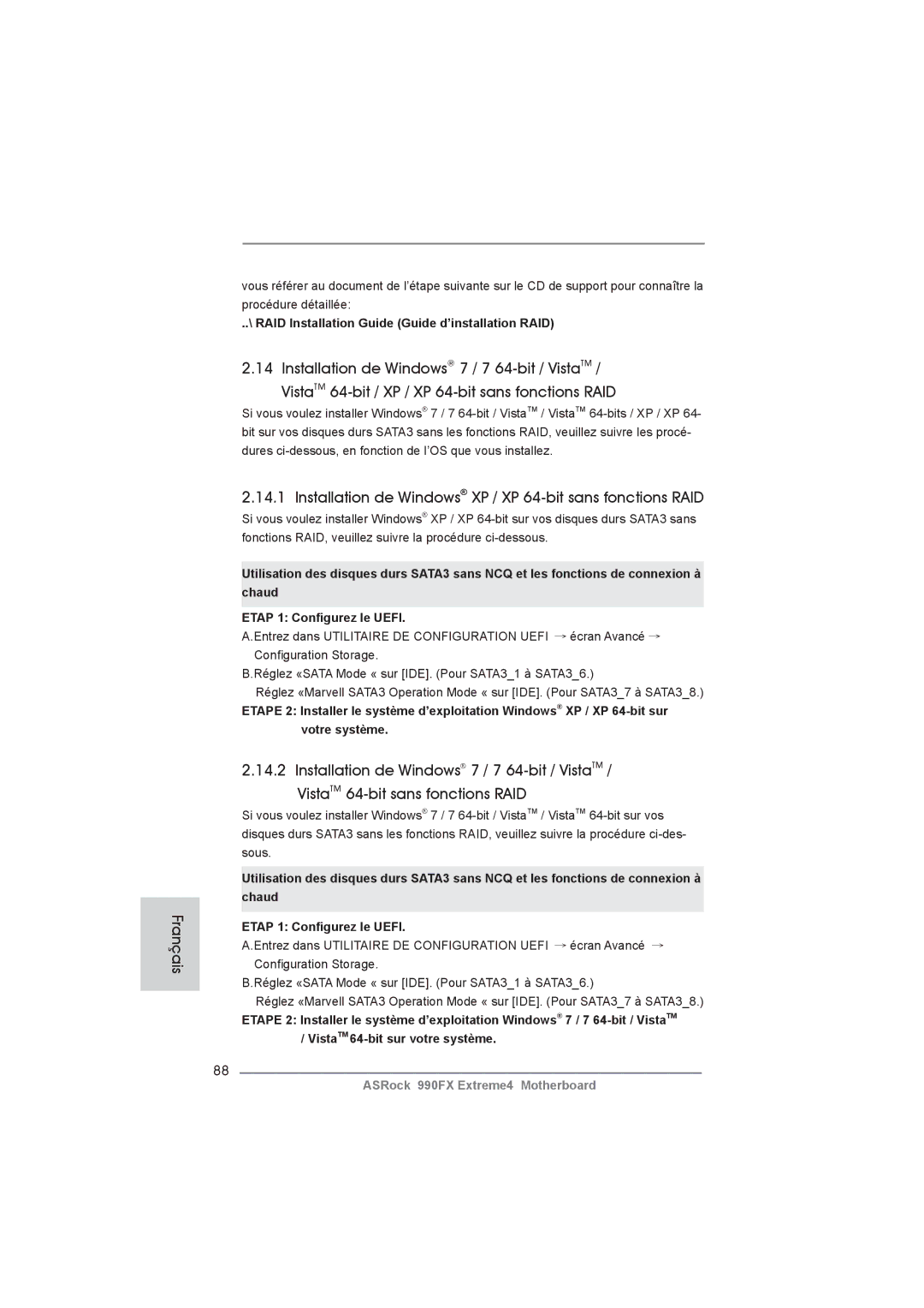 ASRock 990FX Extreme4 manual Installation de Windows XP / XP 64-bit sans fonctions RAID 