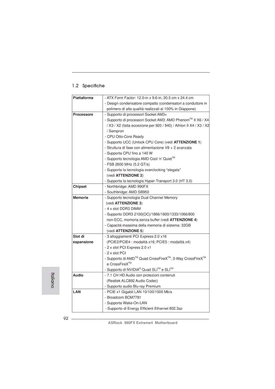 ASRock 990FX Extreme4 manual Specifiche Italiano 