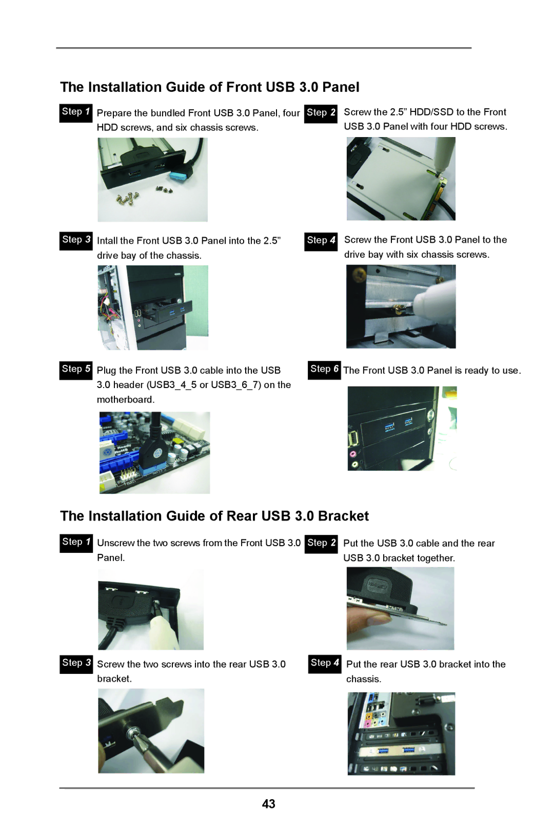 ASRock 990FX Extreme9 manual Installation Guide of Front USB 3.0 Panel, Installation Guide of Rear USB 3.0 Bracket 