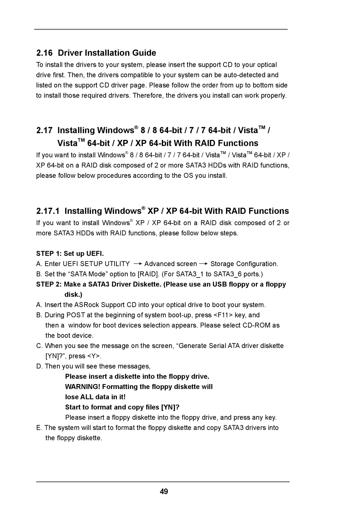 ASRock 990FX Extreme9 manual Driver Installation Guide, Installing Windows XP / XP 64-bit With RAID Functions, Set up Uefi 