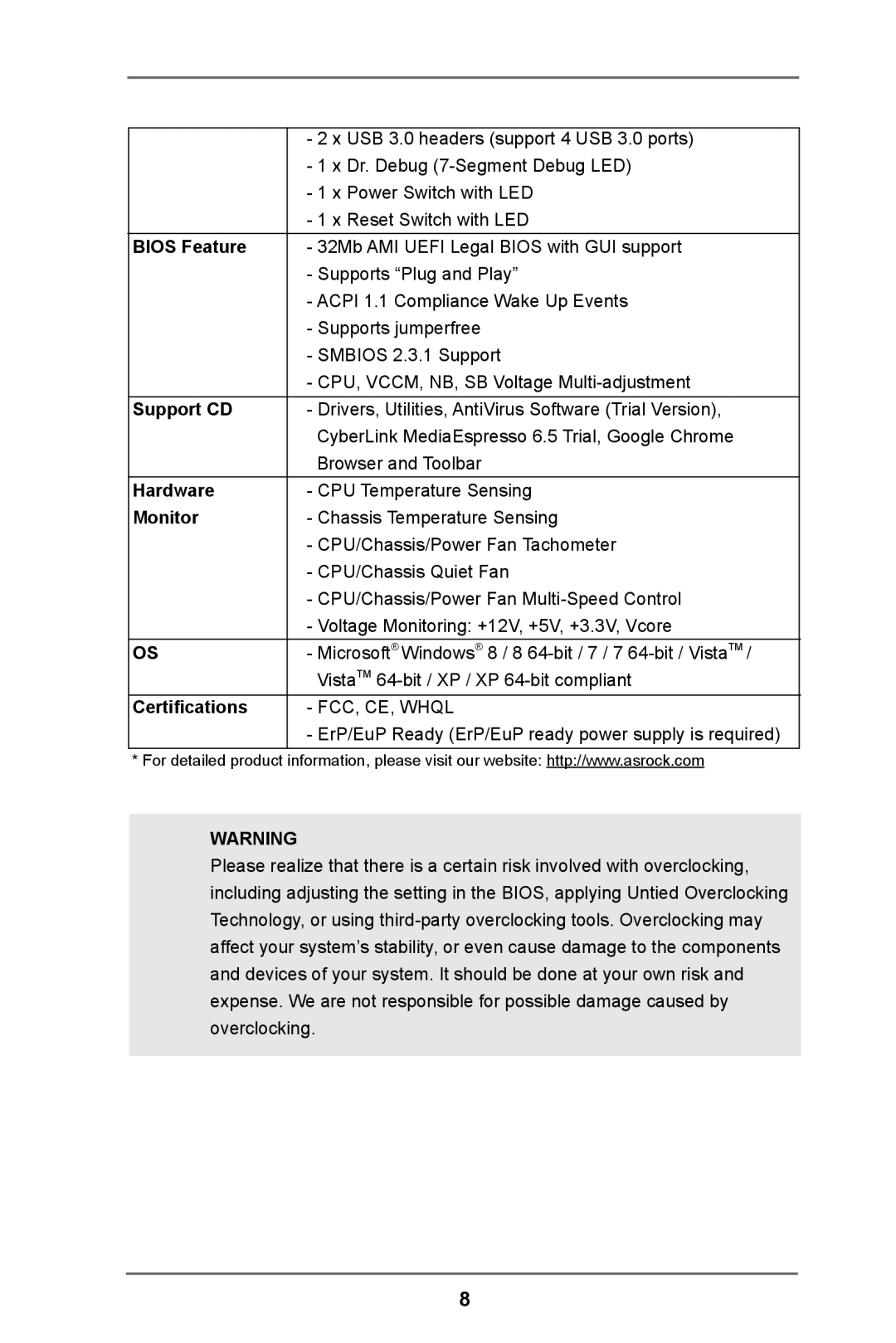 ASRock 990FX Extreme9 manual Bios Feature, Support CD, Hardware, Monitor, Certifications 