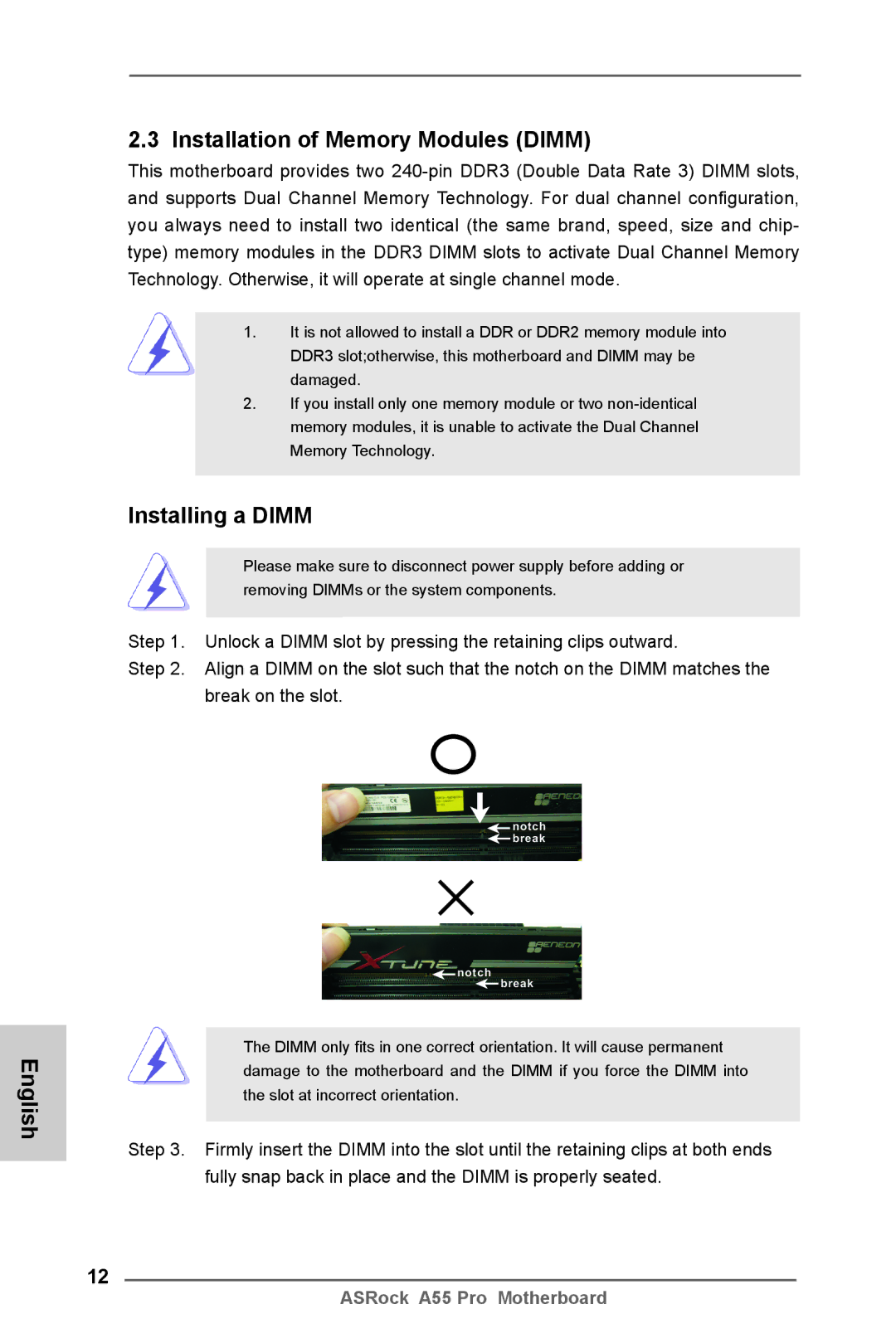 ASRock A55 Pro manual Installation of Memory Modules Dimm, Installing a Dimm 