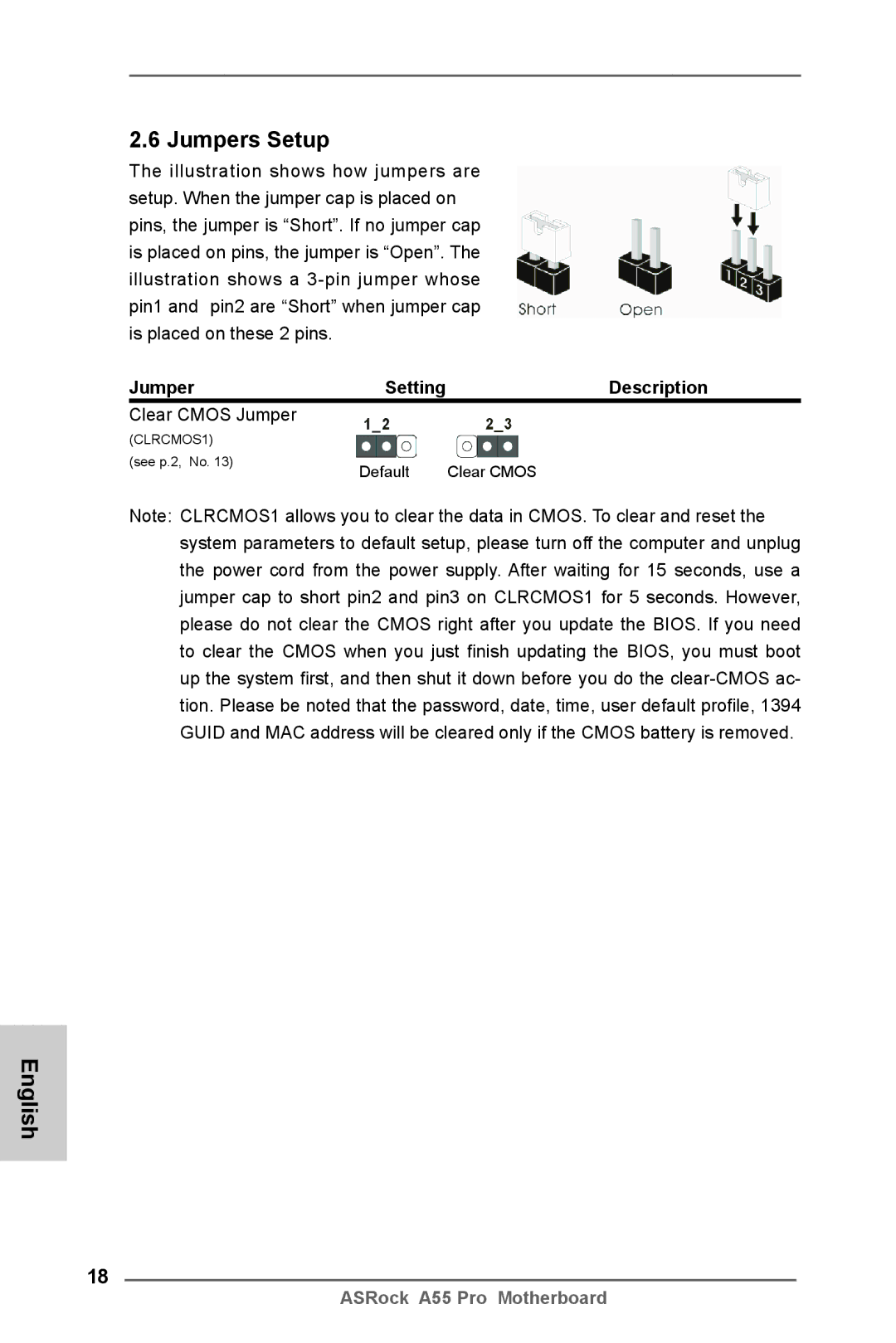 ASRock A55 Pro manual Jumpers Setup, Description 