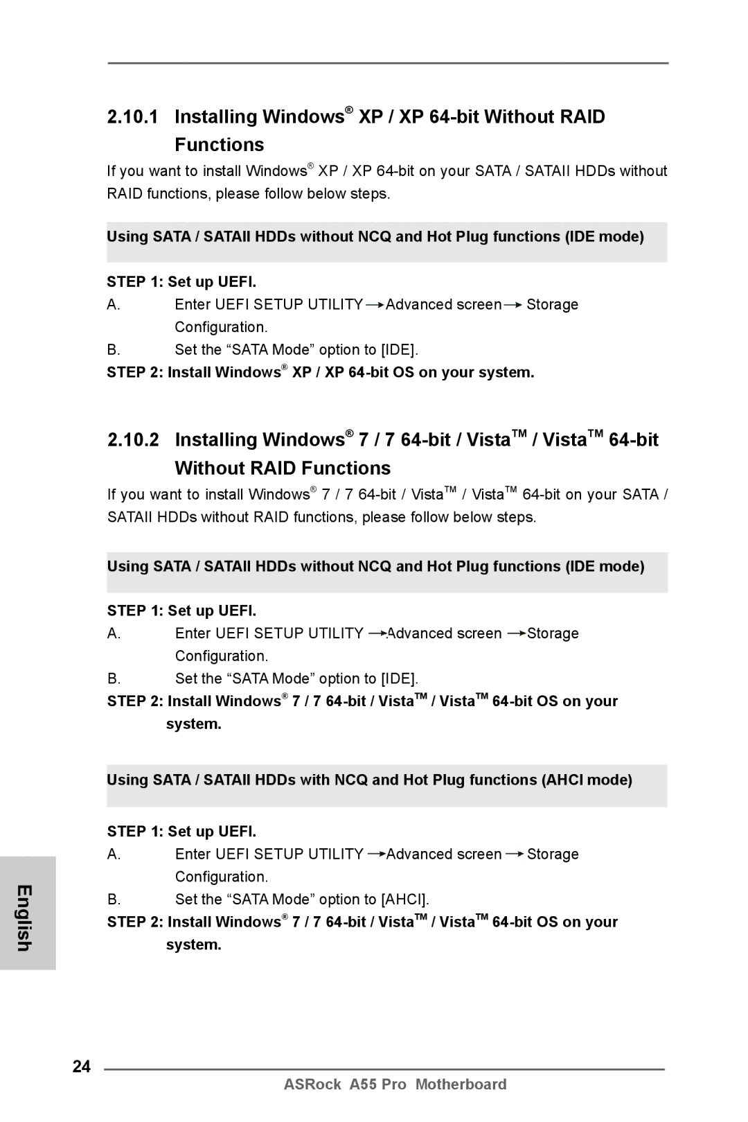 ASRock A55 Pro manual Install Windows XP / XP 64-bit OS on your system 