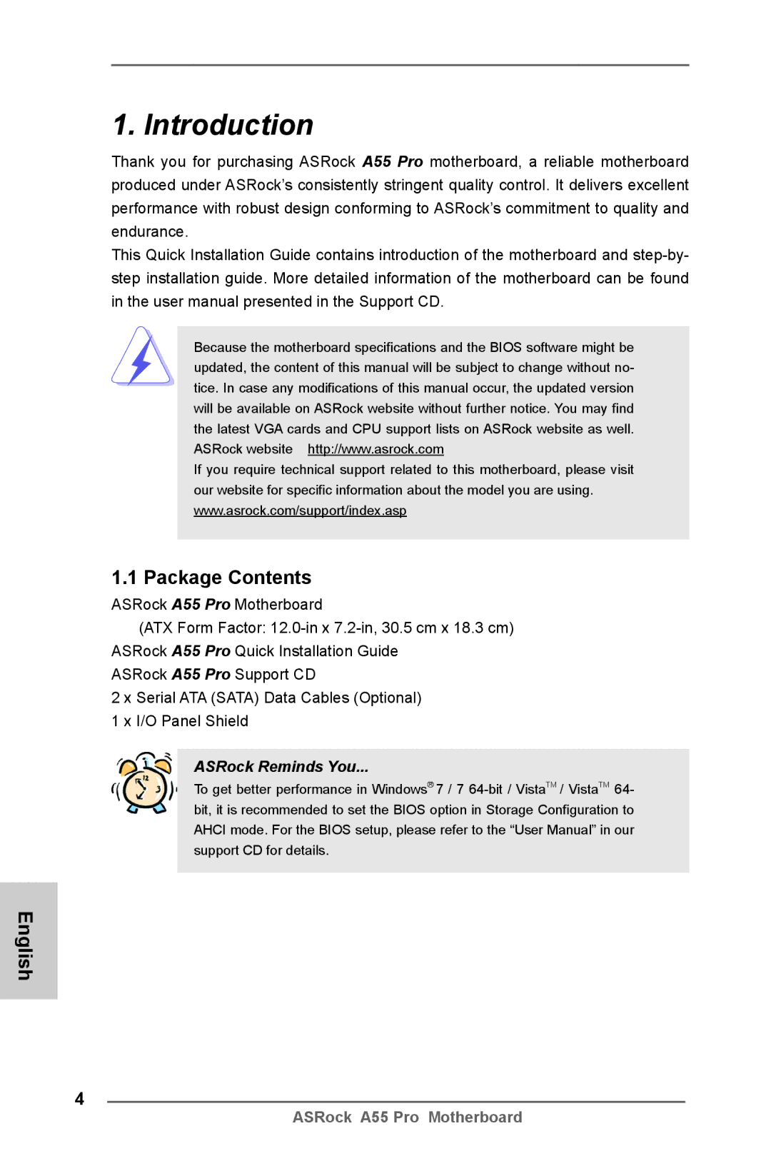 ASRock A55 Pro manual Introduction, Package Contents 