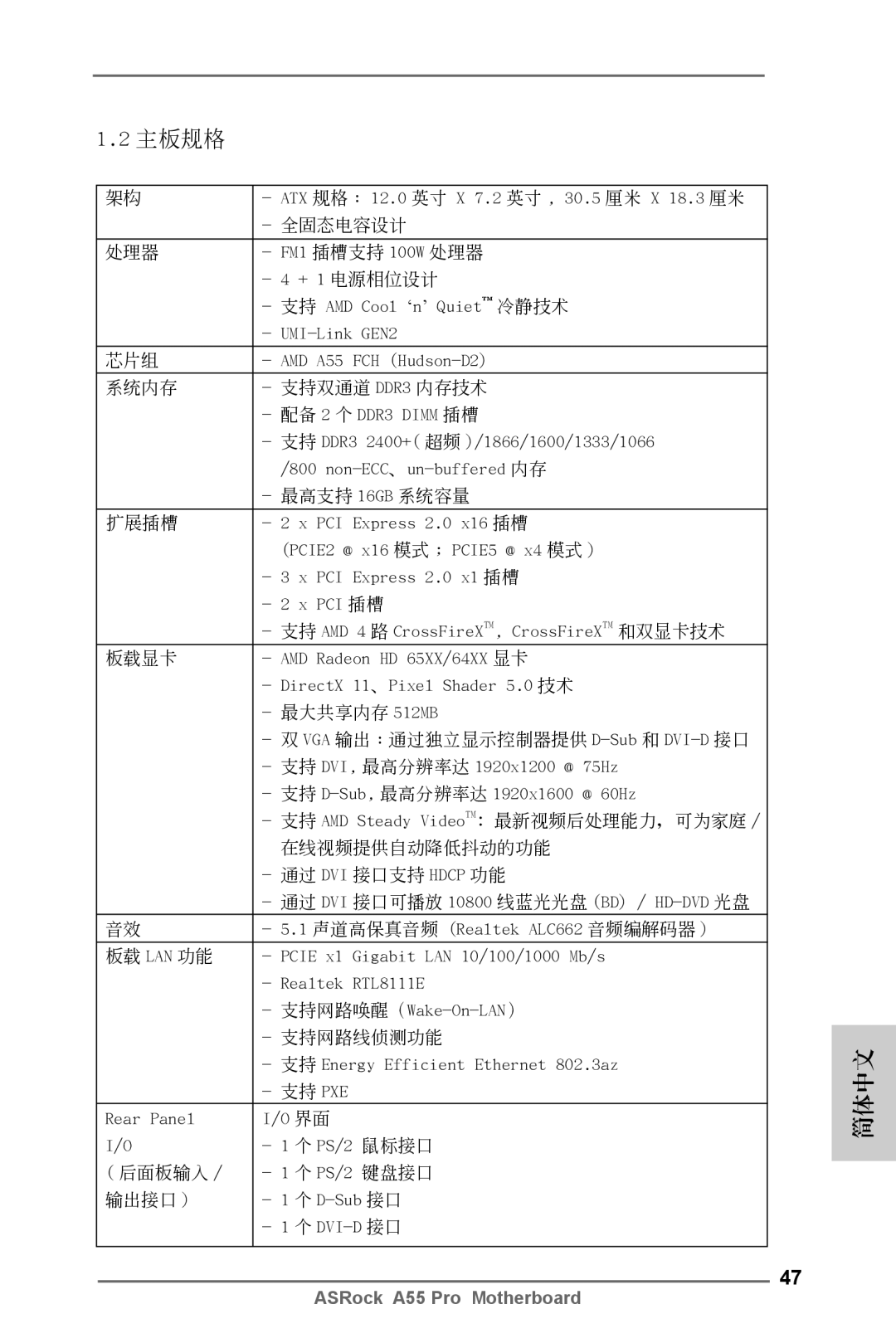 ASRock A55 Pro 全固態電容設計, 處理器, 芯片組, 系統內存 支持雙通道 DDR3 內存技術, 最高支持 16GB 系統容量, 擴展插槽, 板載顯卡, 在線視頻提供自動降低抖動的功能, 板載 Lan 功能, 支持網路線偵測功能 