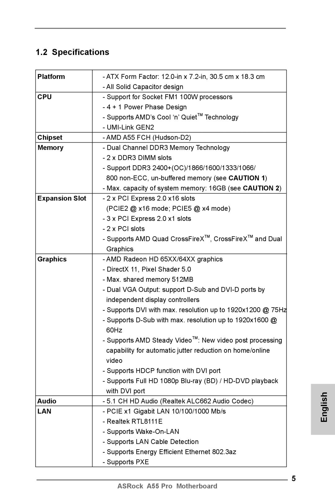 ASRock A55 Pro manual Specifications 