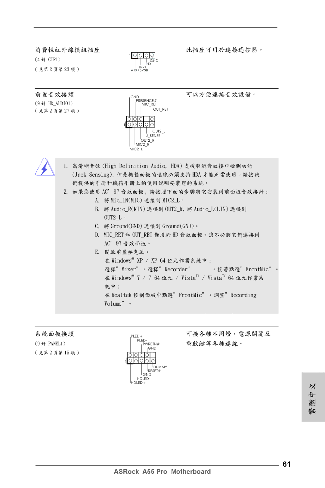 ASRock A55 Pro manual 消費性紅外線模組插座 此插座可用於連接遙控器。, 前置音效接頭, 可以方便連接音效設備。, 系統面板接頭, 重啟鍵等各種連線。 