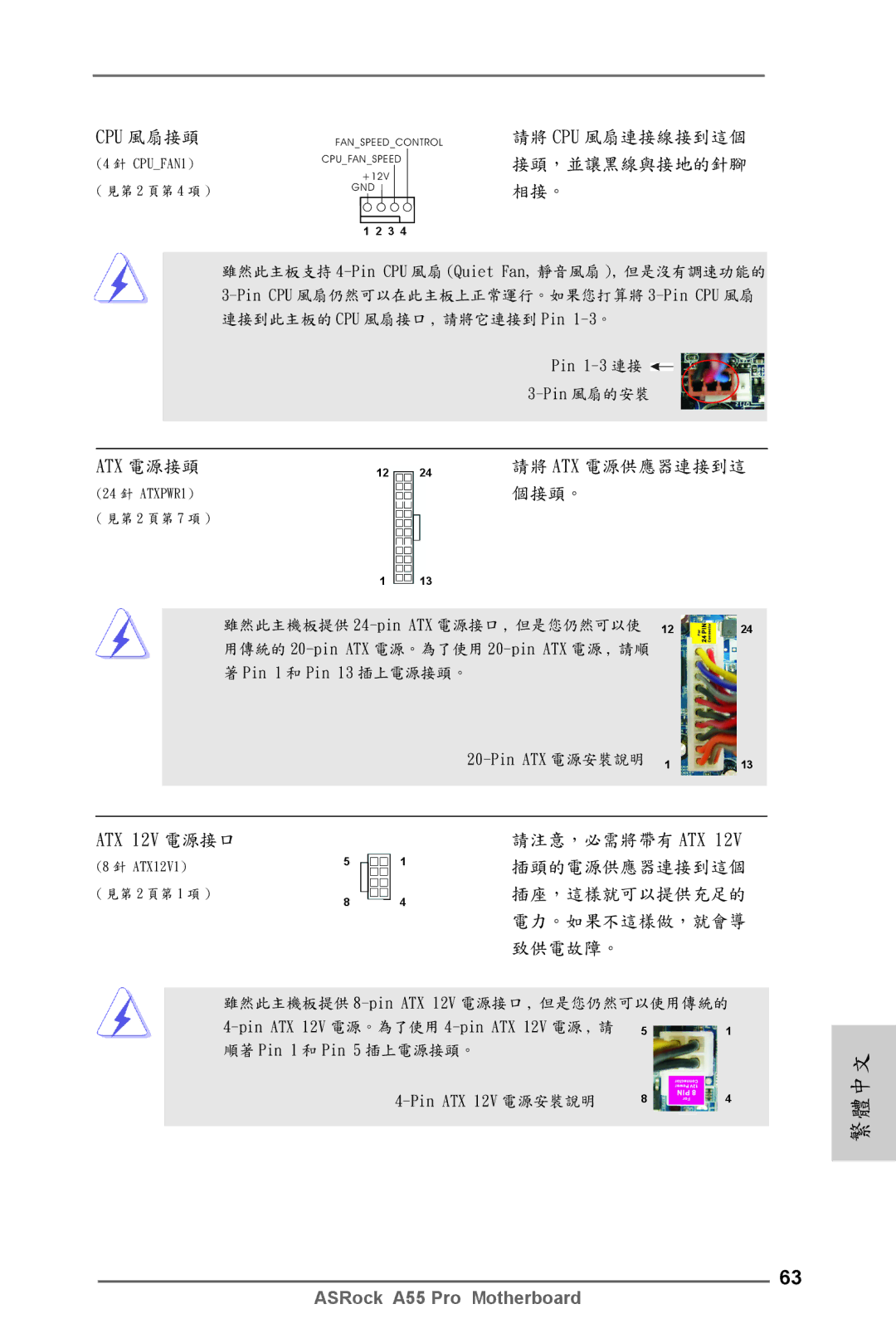 ASRock A55 Pro manual 請將 Cpu 風扇連接線接到這個, 接頭，並讓黑線與接地的針腳, 請將 Atx 電源供應器連接到這, 電力。如果不這樣做，就會導 致供電故障。 