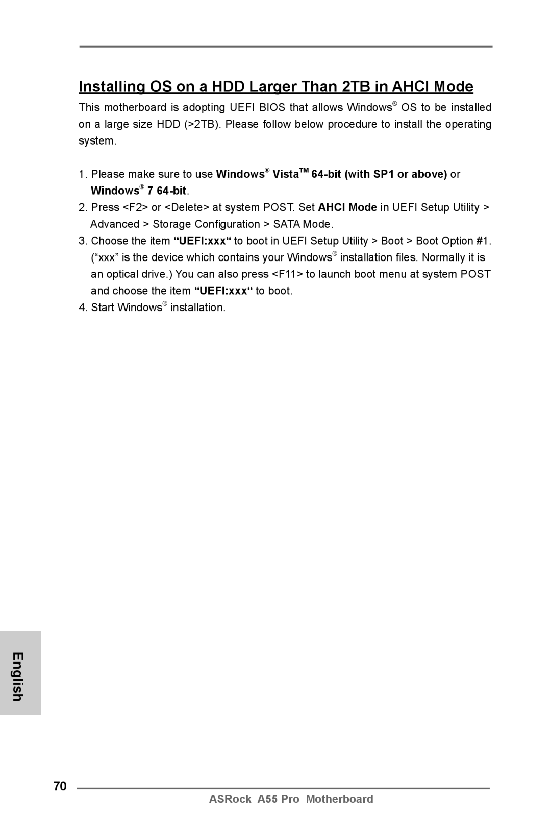 ASRock A55 Pro manual Installing OS on a HDD Larger Than 2TB in Ahci Mode 