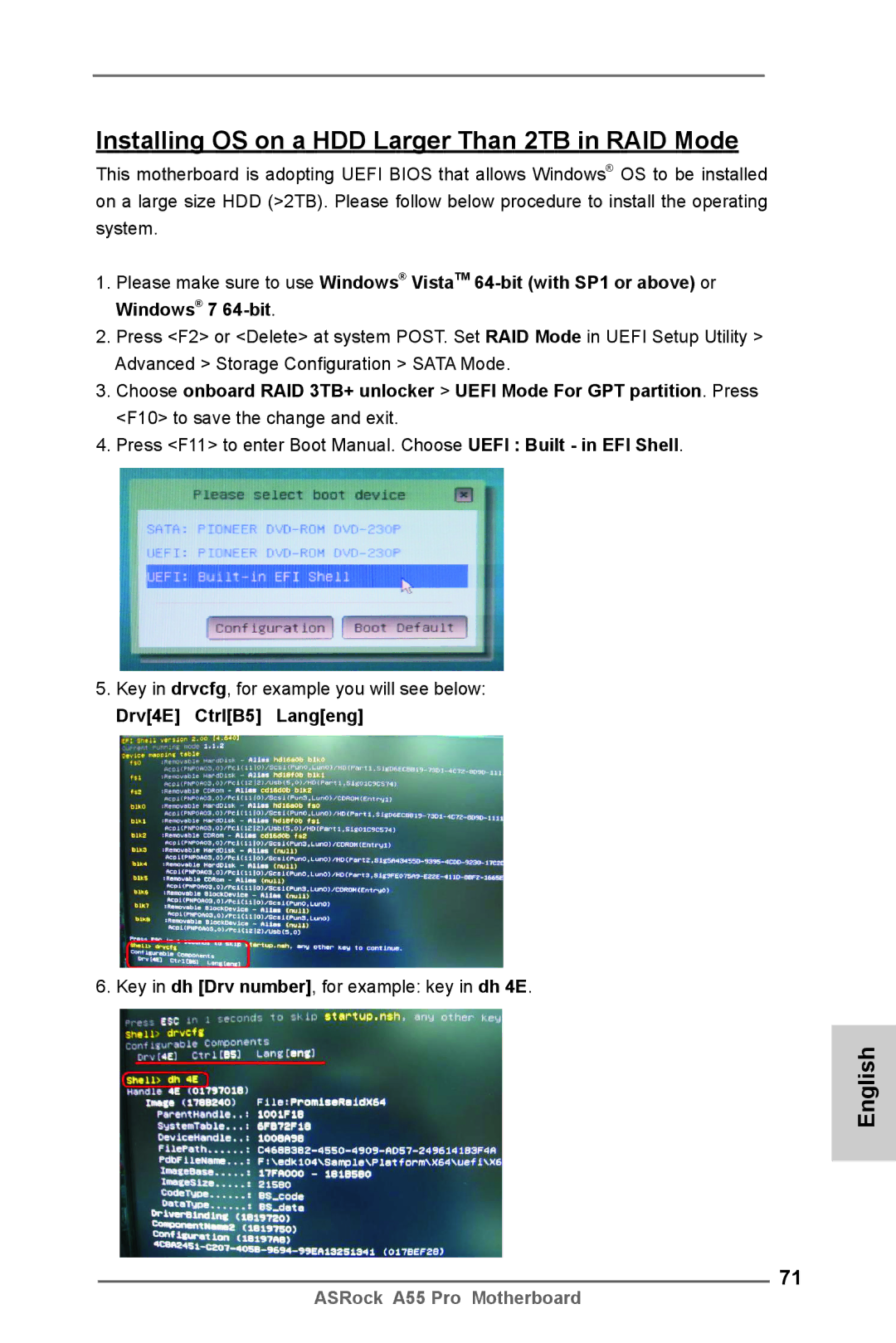 ASRock A55 Pro manual Installing OS on a HDD Larger Than 2TB in RAID Mode, Drv4E CtrlB5 Langeng 