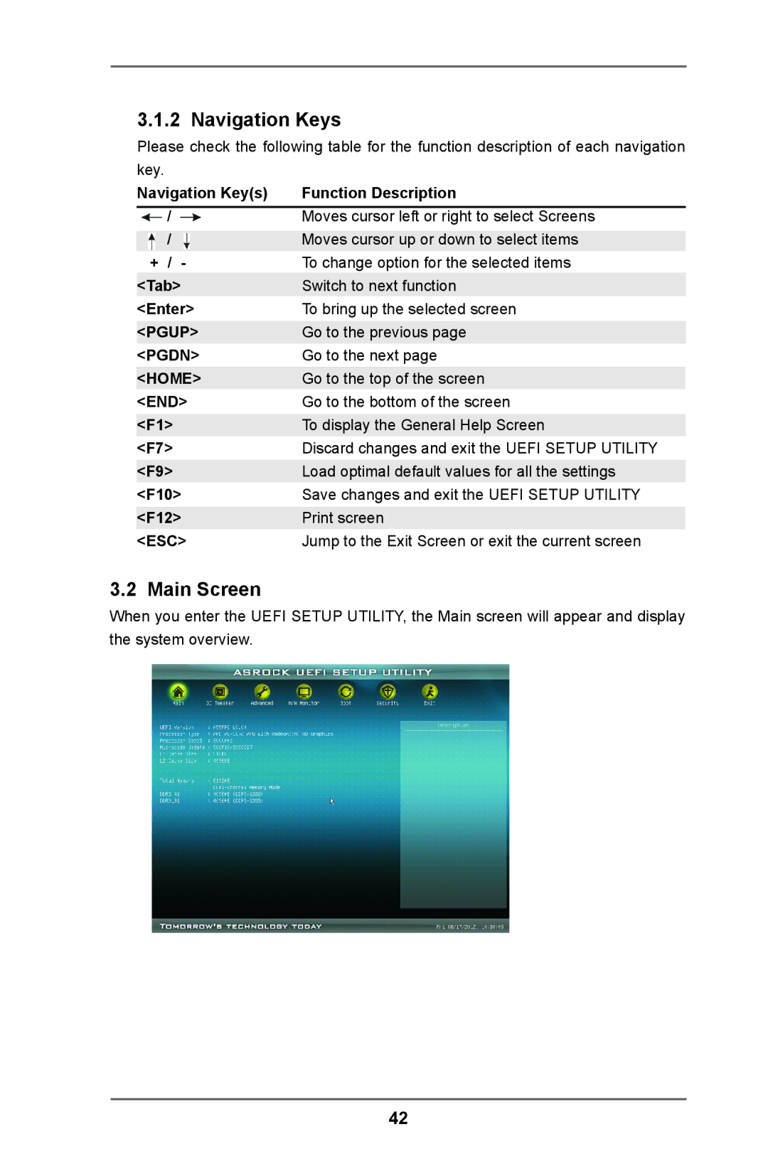 ASRock A55 Pro manual Main Screen, Navigation Keys Tab Enter, F10 F12 