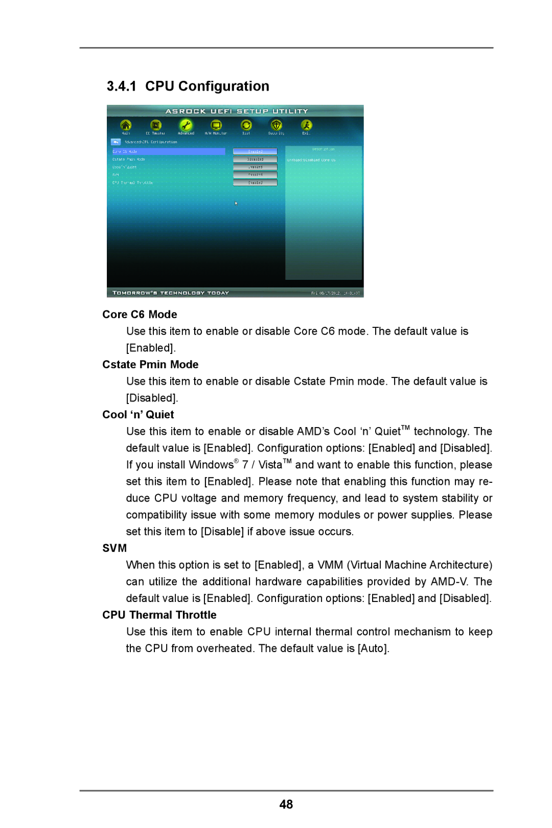 ASRock A55 Pro manual CPU Configuration, Core C6 Mode, Cstate Pmin Mode, Cool ‘n’ Quiet, CPU Thermal Throttle 