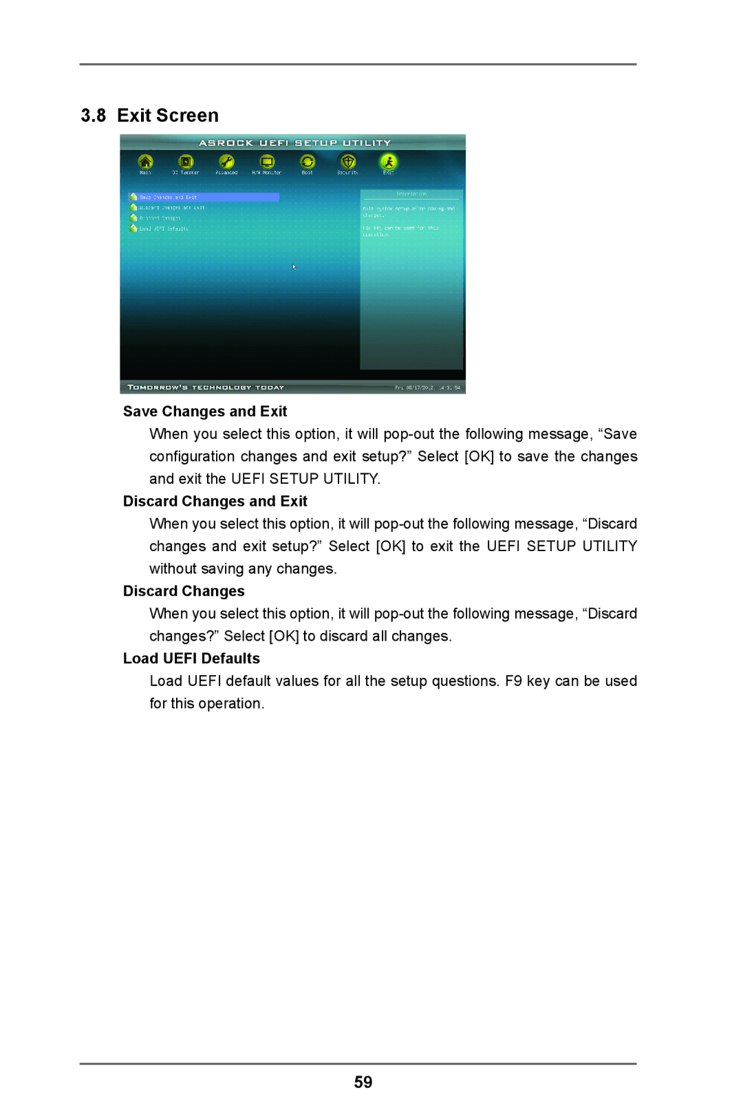 ASRock A55 Pro manual Exit Screen, Save Changes and Exit, Discard Changes and Exit, Load Uefi Defaults 