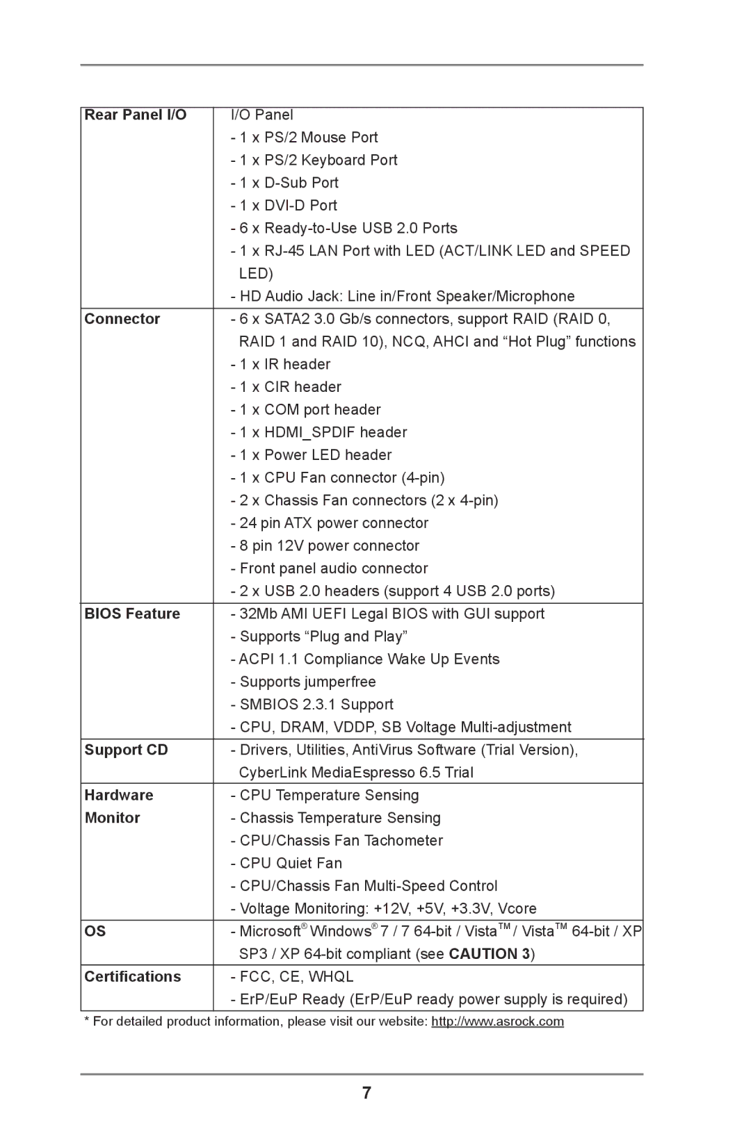 ASRock A55 Pro manual Rear Panel I/O, Connector, Bios Feature, Support CD, Hardware, Monitor, Certifications 