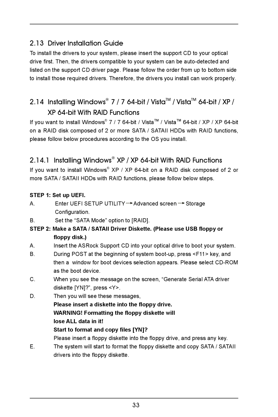 ASRock A55iCafe manual Driver Installation Guide, Installing Windows XP / XP 64-bit With RAID Functions, Set up Uefi 