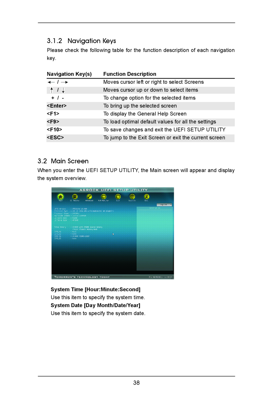 ASRock A55iCafe manual Navigation Keys, Main Screen, To jump to the Exit Screen or exit the current screen 