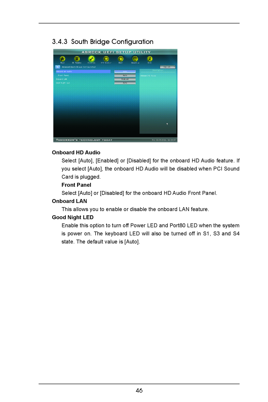 ASRock A55iCafe manual South Bridge Configuration, Onboard HD Audio, Front Panel, Onboard LAN, Good Night LED 