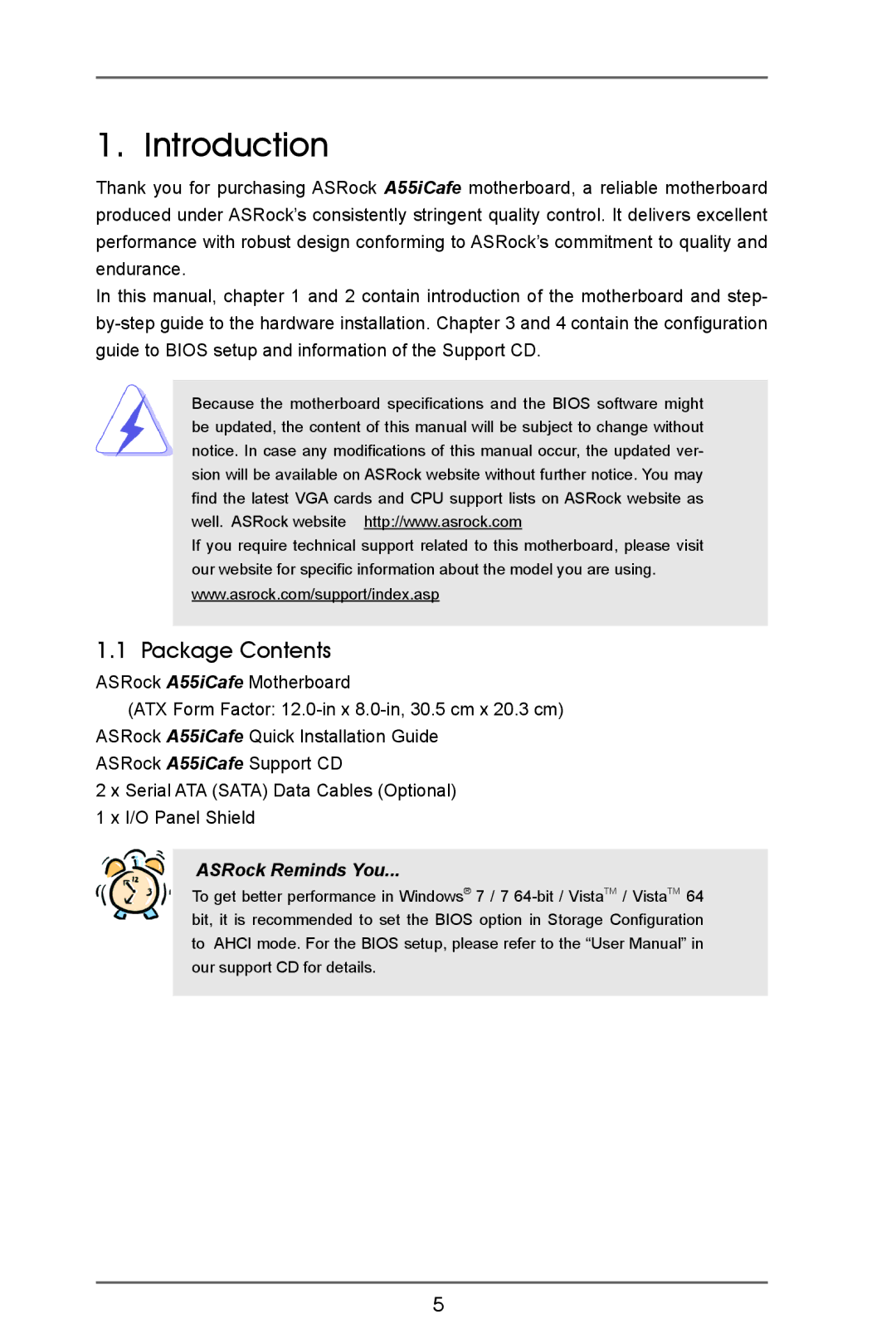 ASRock A55iCafe manual Introduction, Package Contents 