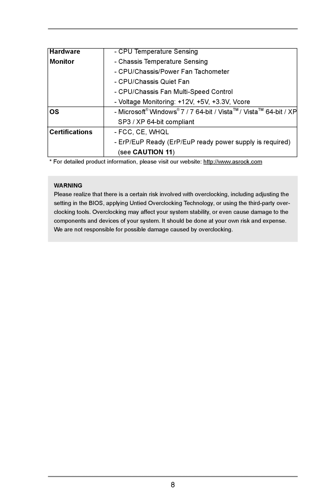 ASRock A55iCafe manual Hardware, Monitor, Certifications 