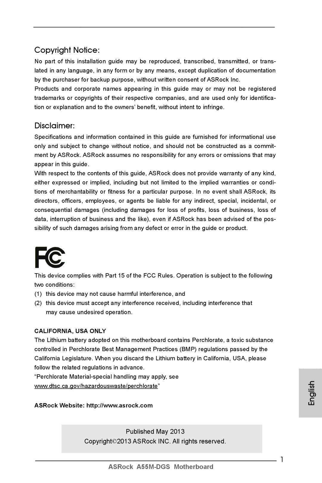 ASRock A55M-DGS manual Copyright Notice, Disclaimer, English, Published May Copyright2013 ASRock INC. All rights reserved 