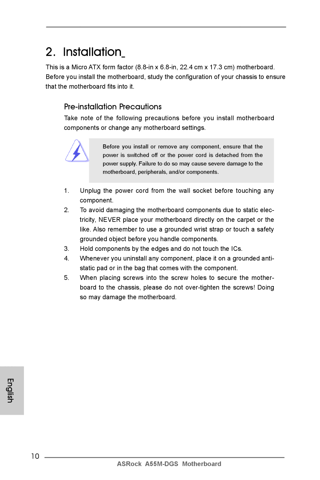 ASRock A55M-DGS manual Installation, Pre-installation Precautions 