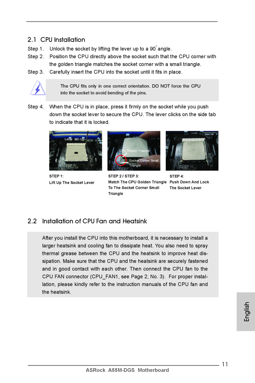 ASRock A55M-DGS manual CPU Installation, Installation of CPU Fan and Heatsink English 