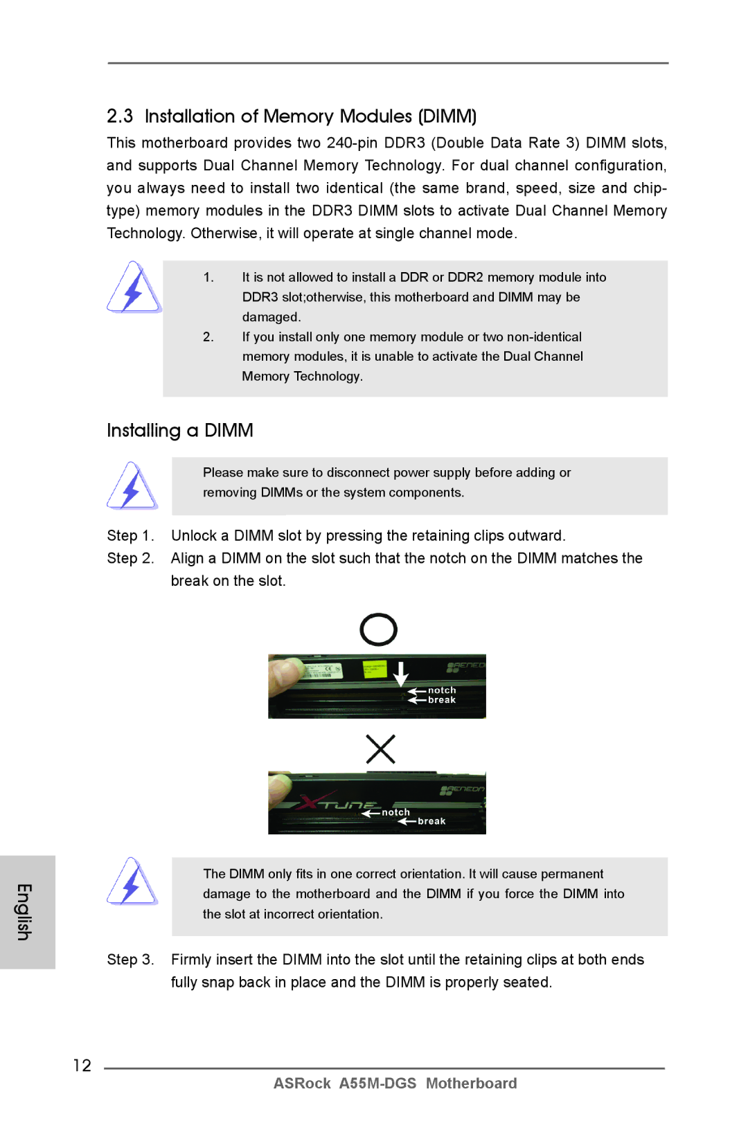 ASRock A55M-DGS manual English Installation of Memory Modules Dimm, Installing a Dimm 