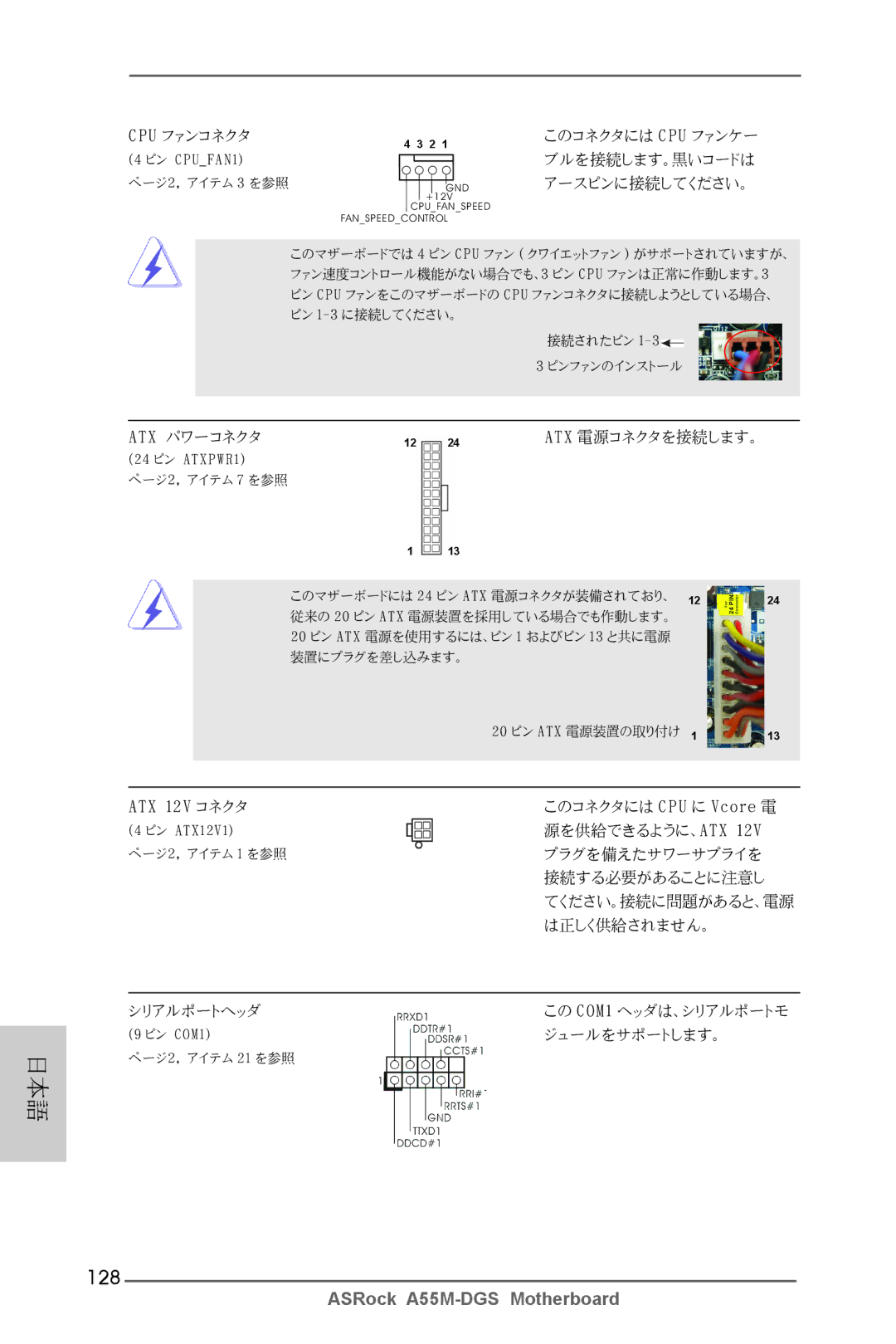 ASRock A55M-DGS manual 128, Cpu ファンコネクタ 