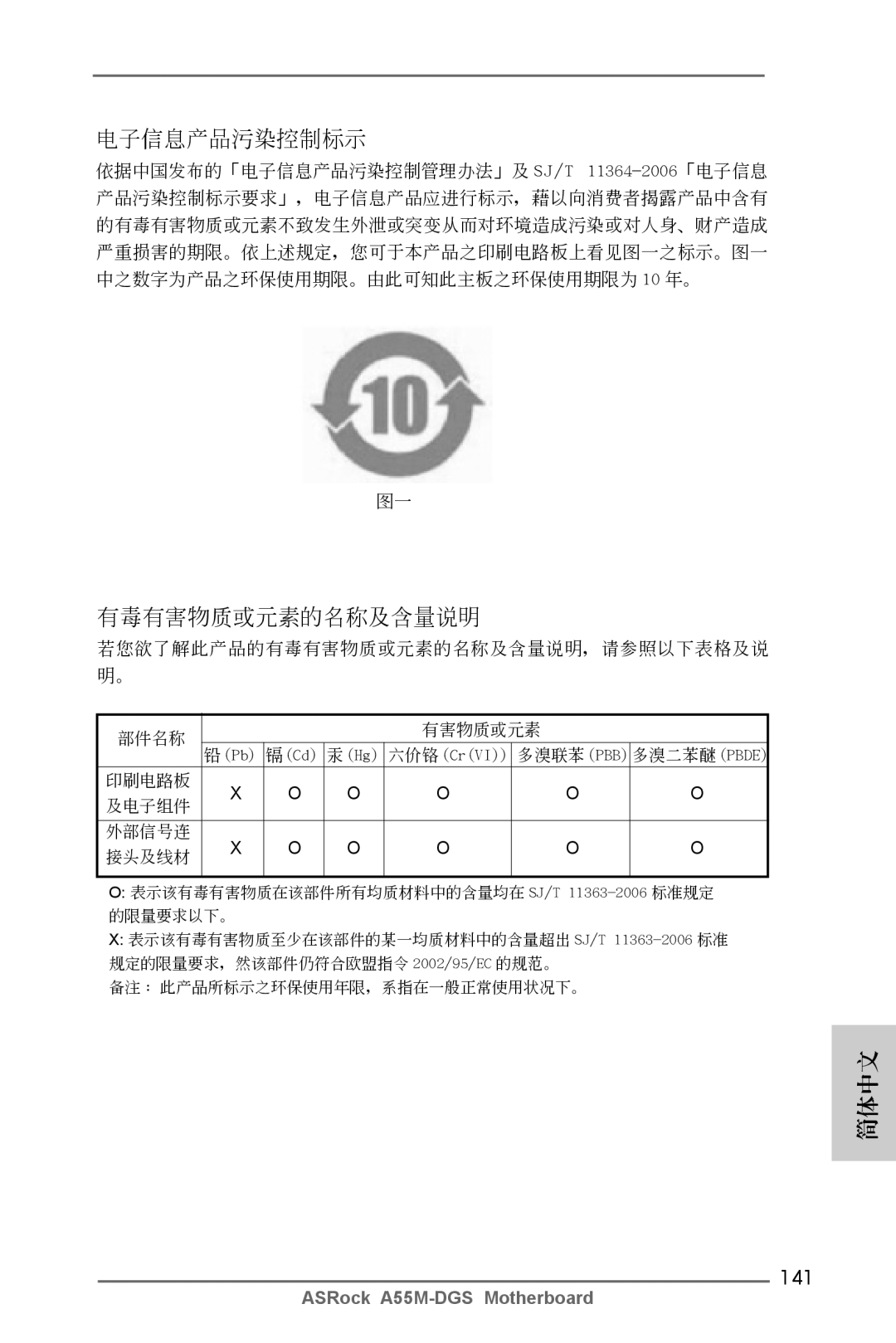 ASRock A55M-DGS manual 電子信息產品污染控制標示, 141 