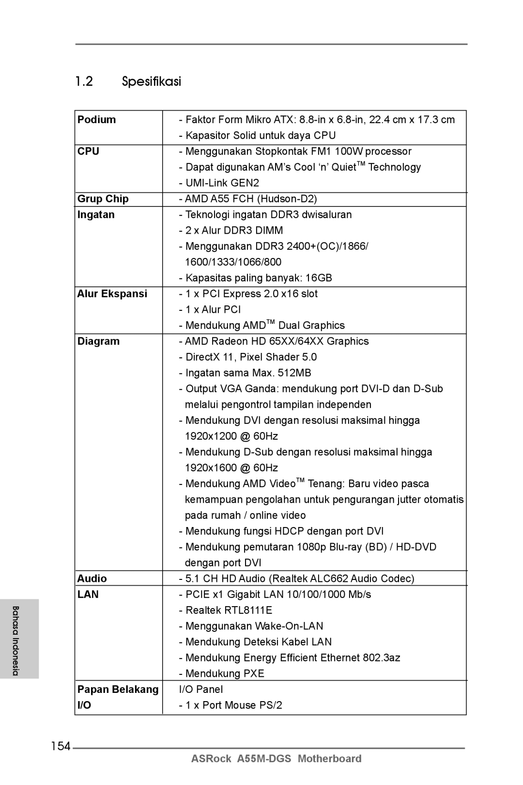 ASRock A55M-DGS manual Spesifikasi, 154 