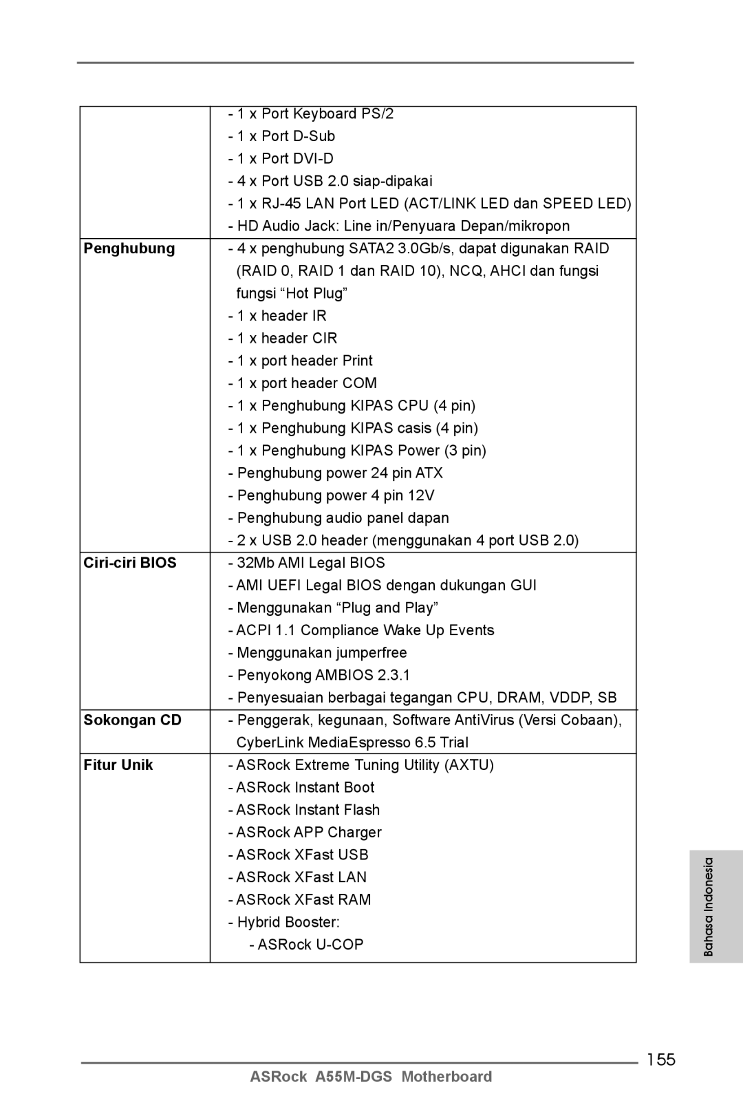 ASRock A55M-DGS manual 155, Ciri-ciri Bios, Fitur Unik 