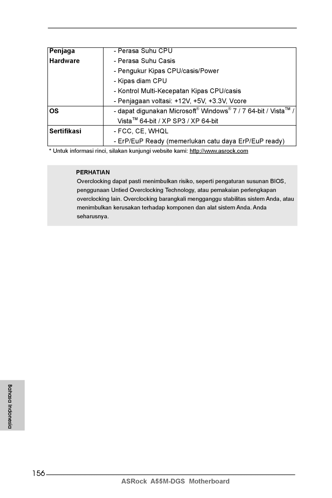 ASRock A55M-DGS manual 156, Penjaga, Sertifikasi 