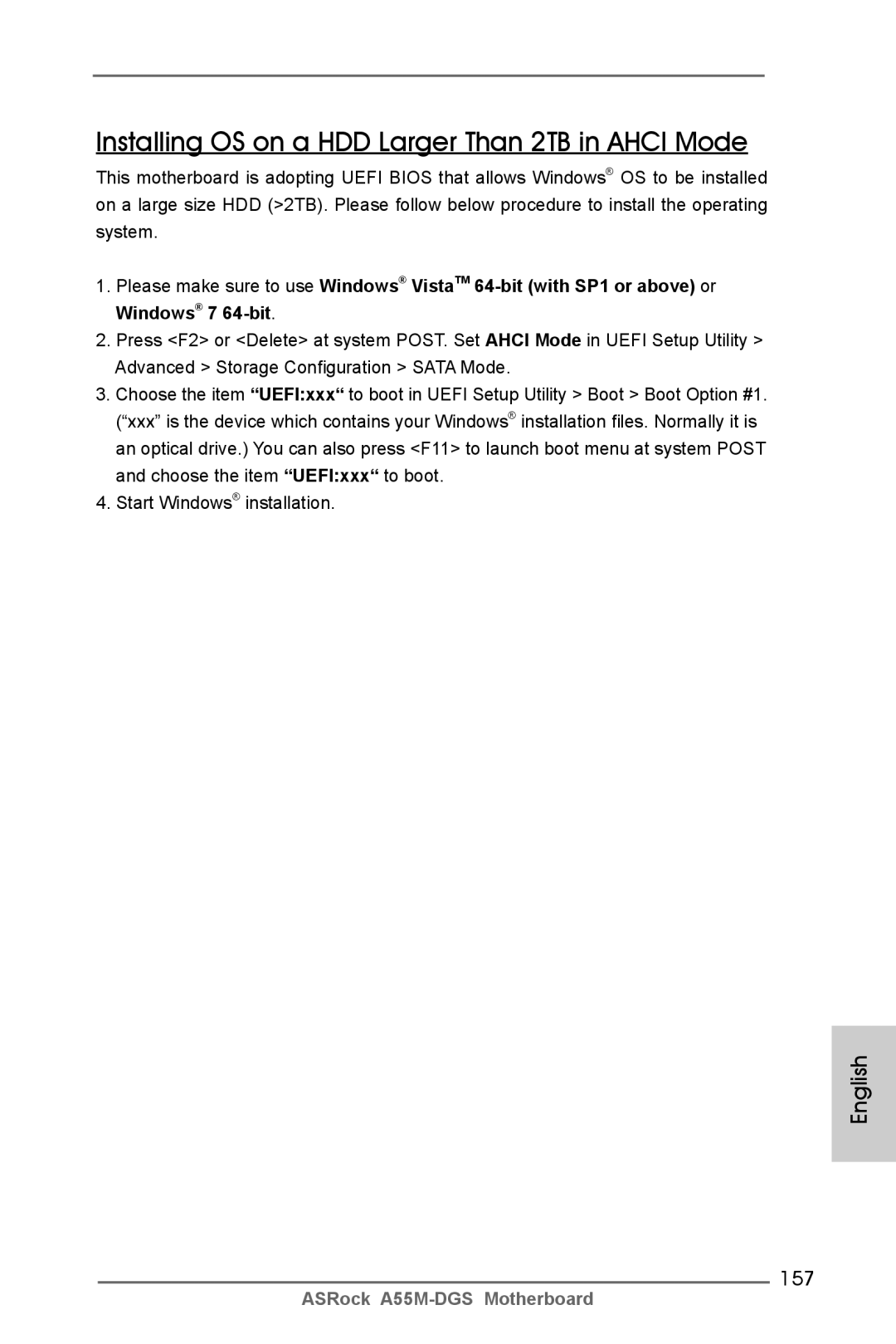 ASRock A55M-DGS manual Installing OS on a HDD Larger Than 2TB in Ahci Mode, 157 