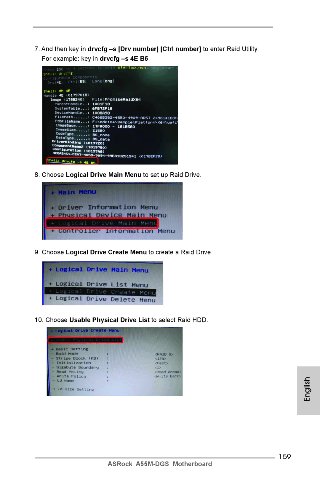 ASRock A55M-DGS manual 159, Choose Usable Physical Drive List to select Raid HDD 