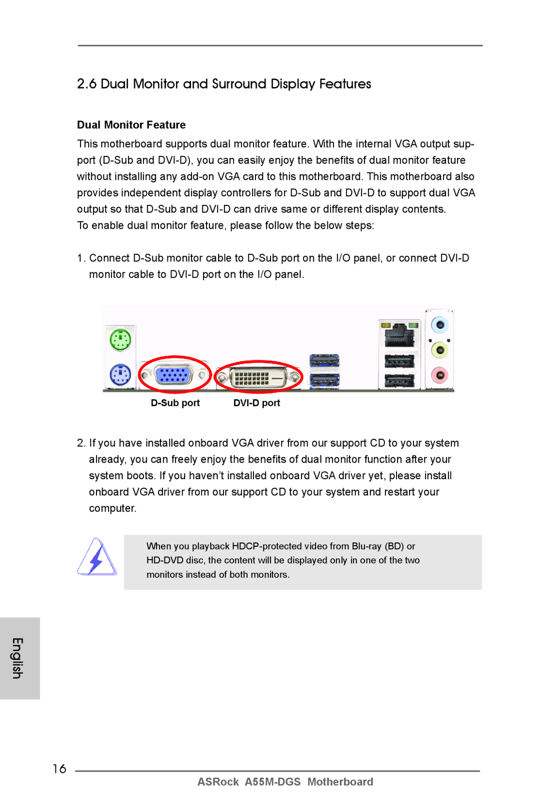ASRock A55M-DGS manual Dual Monitor and Surround Display Features, Dual Monitor Feature, Sub port 