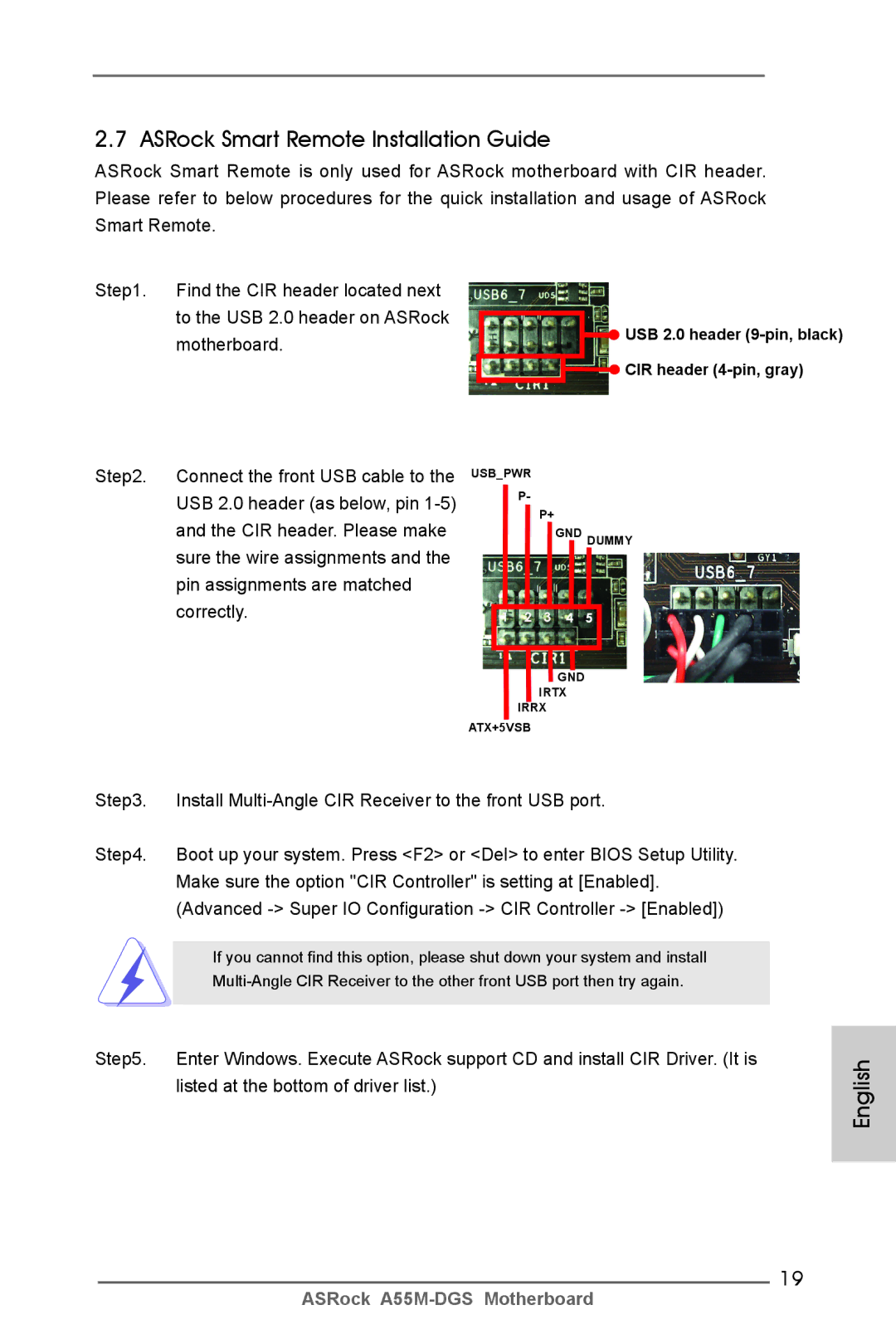 ASRock A55M-DGS manual ASRock Smart Remote Installation Guide, Install Multi-Angle CIR Receiver to the front USB port 