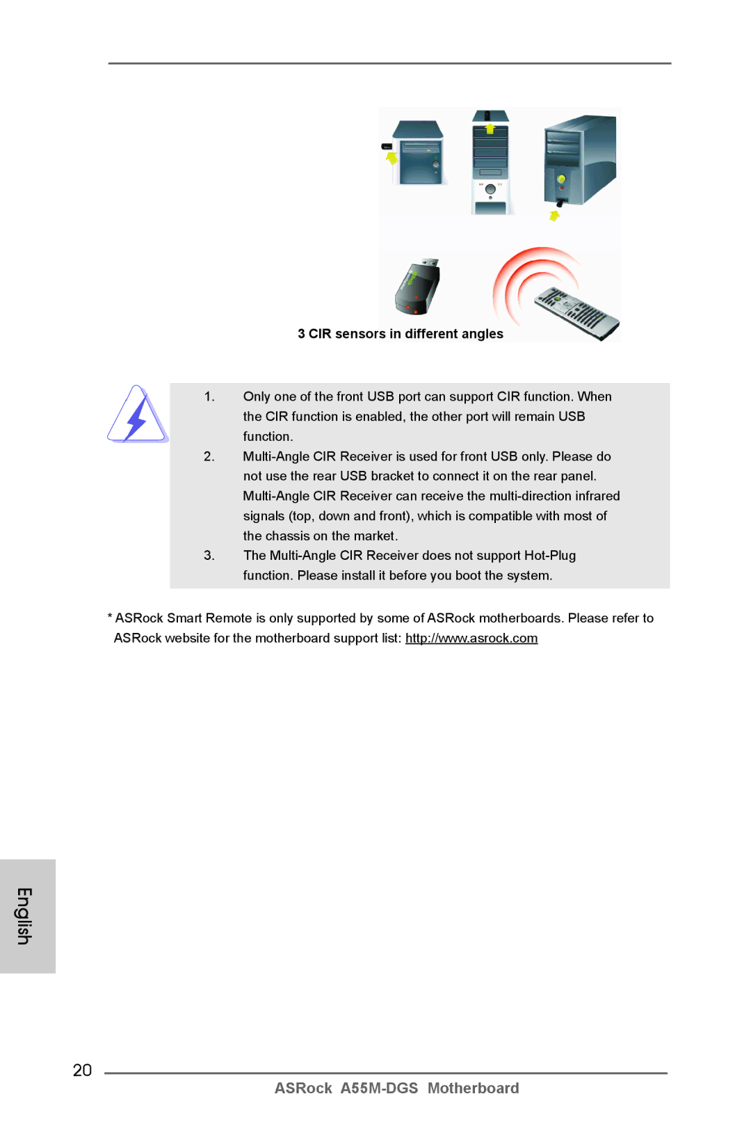 ASRock A55M-DGS manual CIR sensors in different angles 