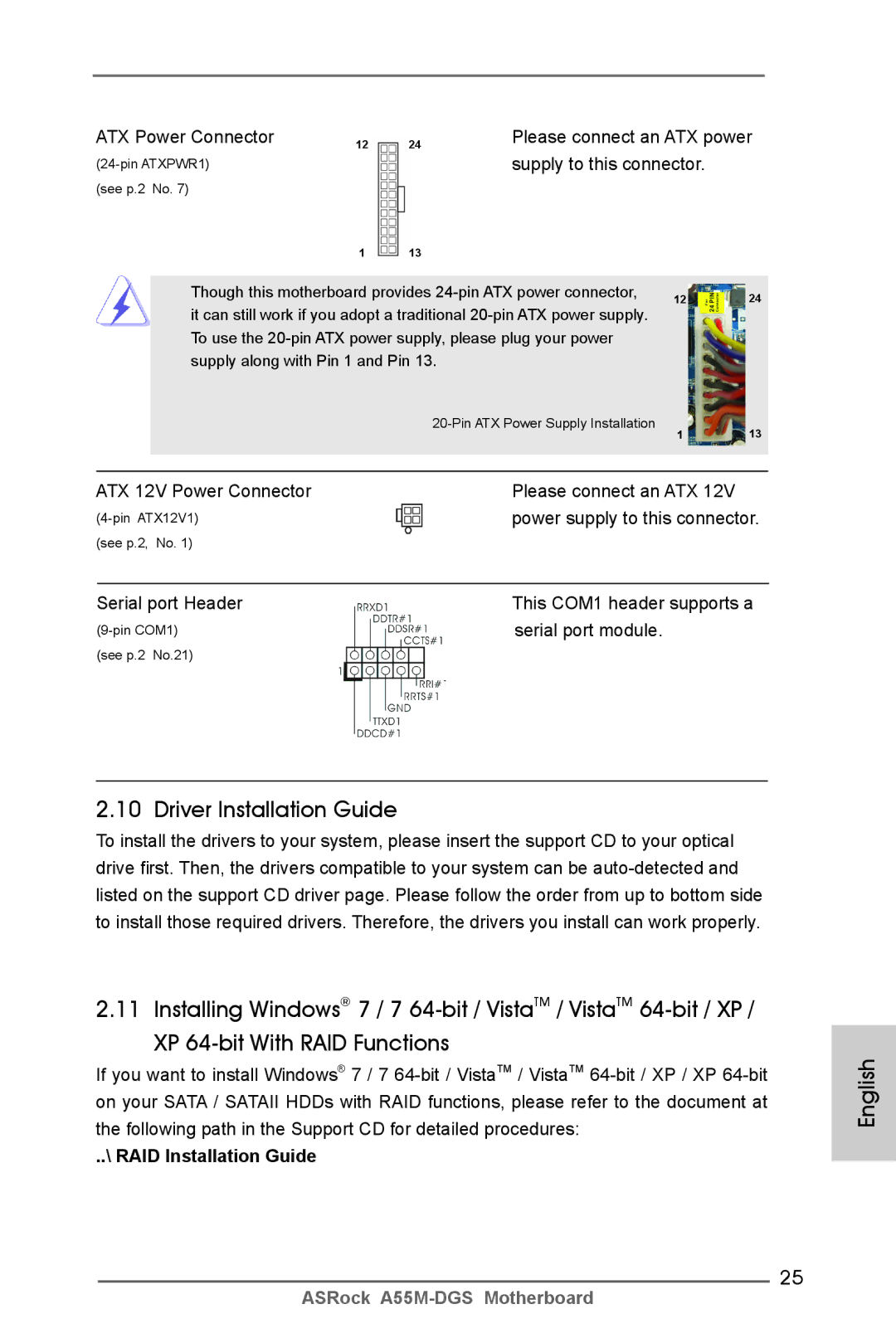 ASRock A55M-DGS manual Driver Installation Guide, ATX Power Connector, RAID Installation Guide 