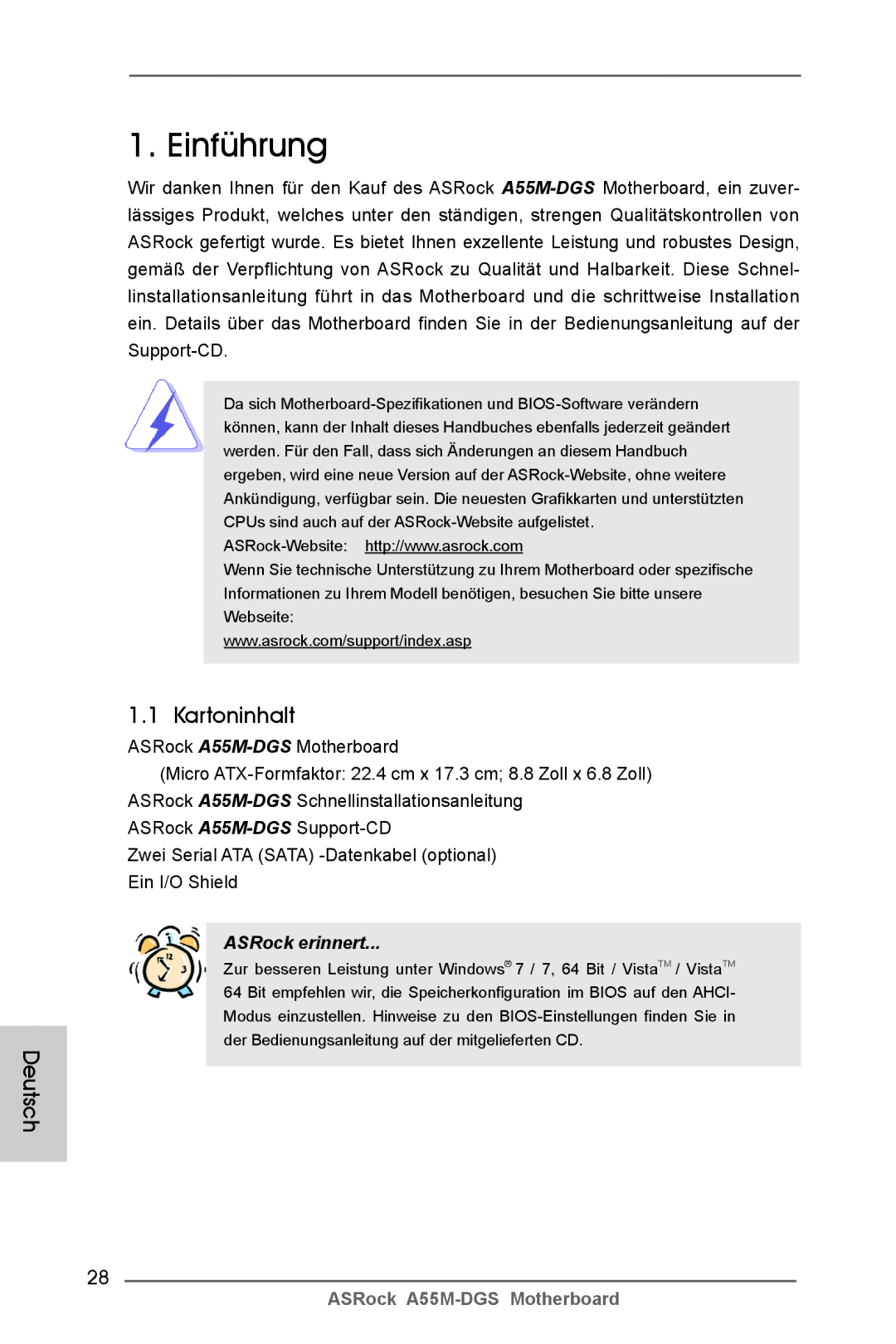 ASRock A55M-DGS manual Kartoninhalt, Deutsch 