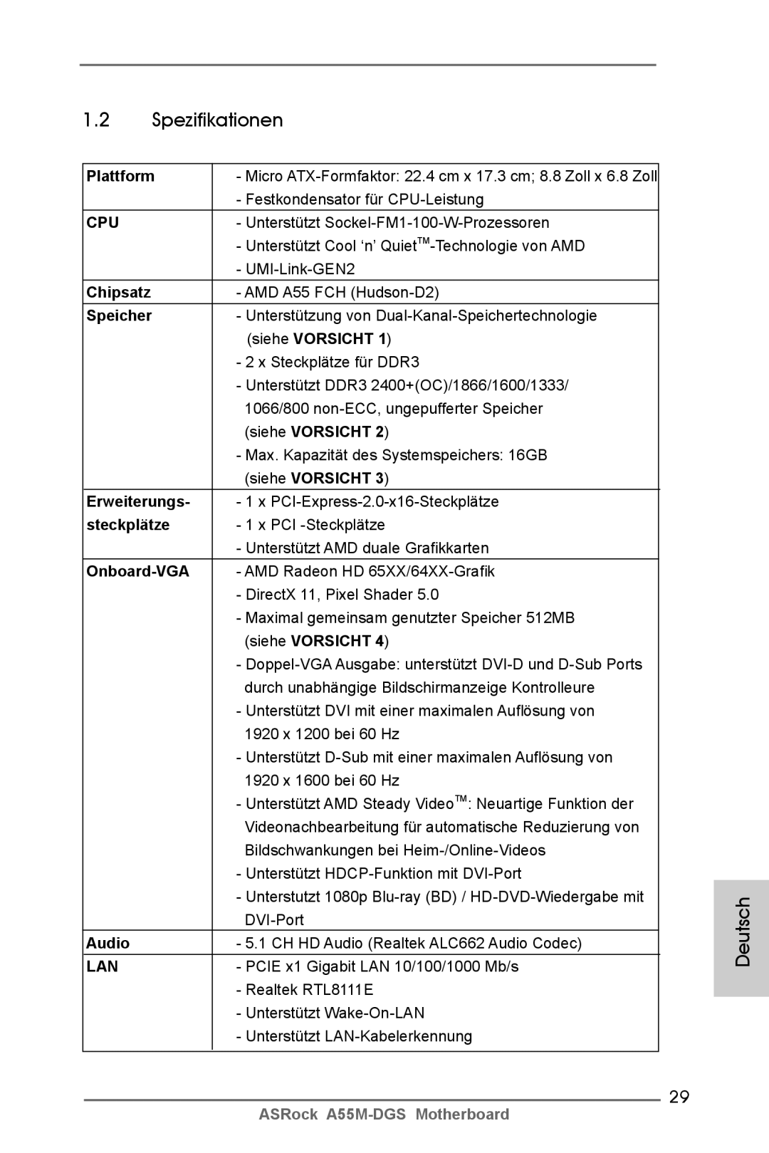 ASRock A55M-DGS manual Spezifikationen 