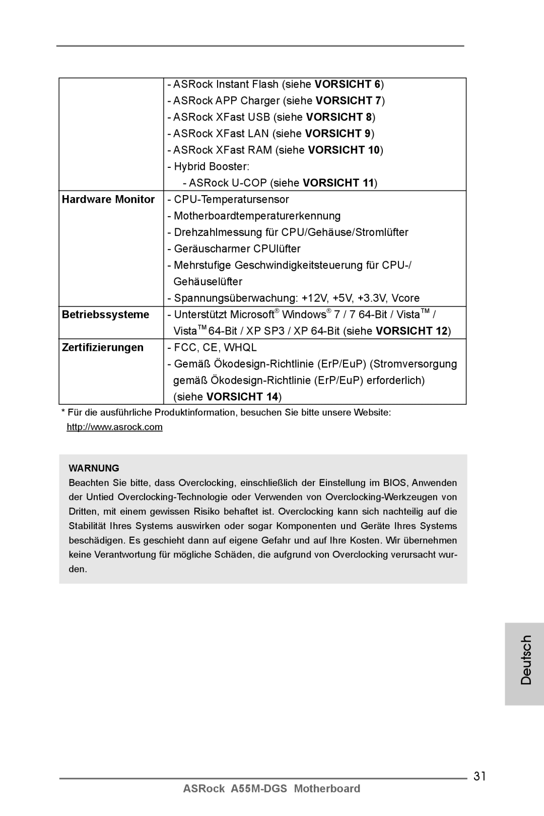 ASRock A55M-DGS manual Zertifizierungen, Warnung 