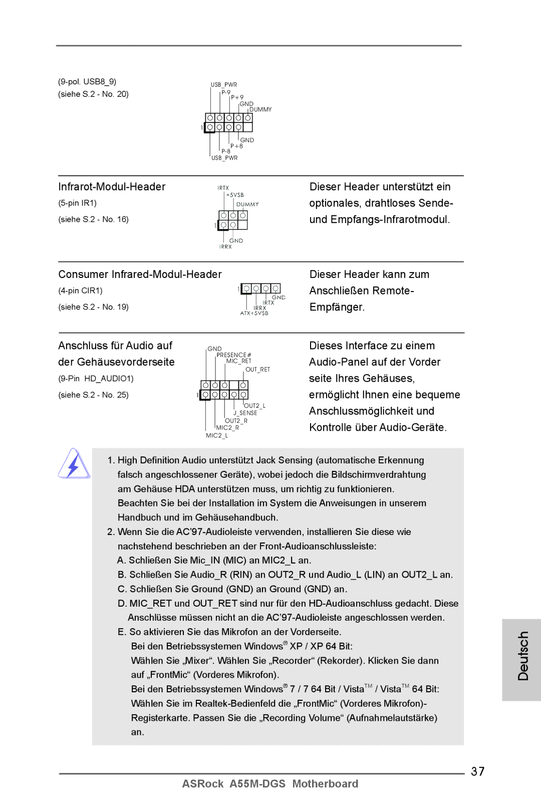 ASRock A55M-DGS Infrarot-Modul-Header Dieser Header unterstützt ein, Optionales, drahtloses Sende, Anschließen Remote 